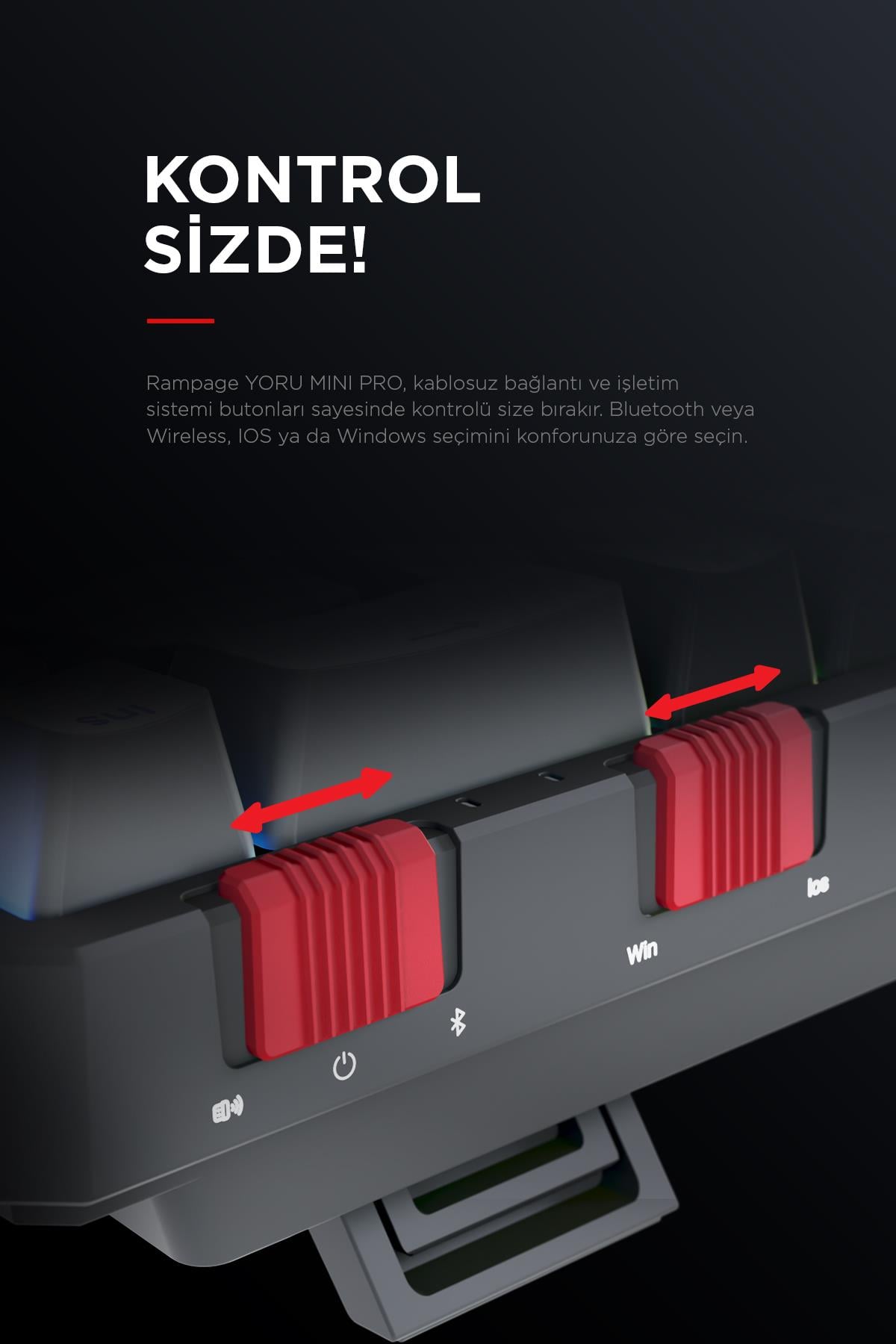 Rampage YORU Mini PRO Siyah/Gri 2.4ghz+BT5.0+Type-C 5 Bağlantı OUTEMU Red Swich Q Mekanik Gaming Oyuncu Klavye RGB