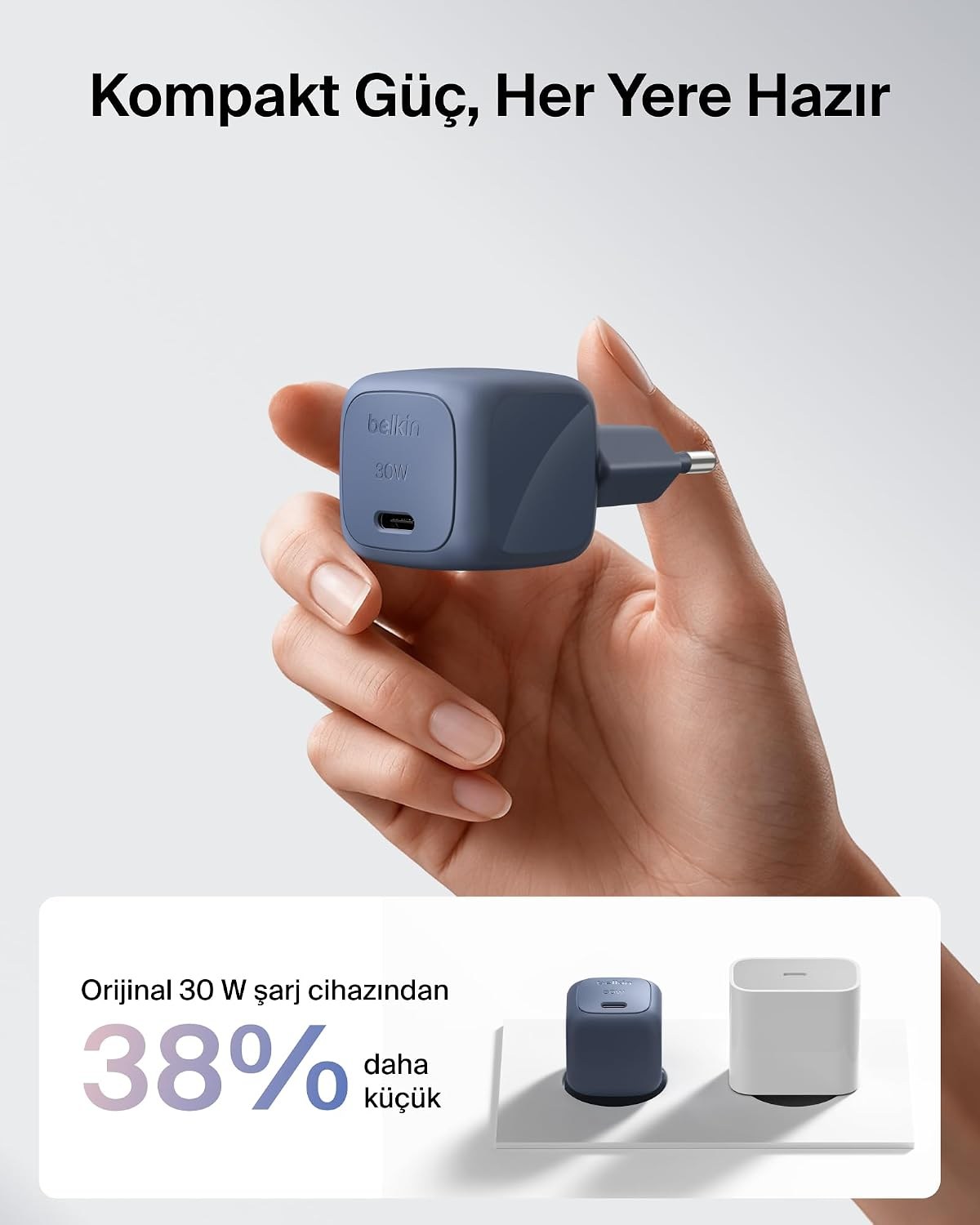 Belkin BoostCharge 30 W USB-C GaN Şarj Cihazı + 2 m Örgülü USB-C Kablo dahil, Mavi