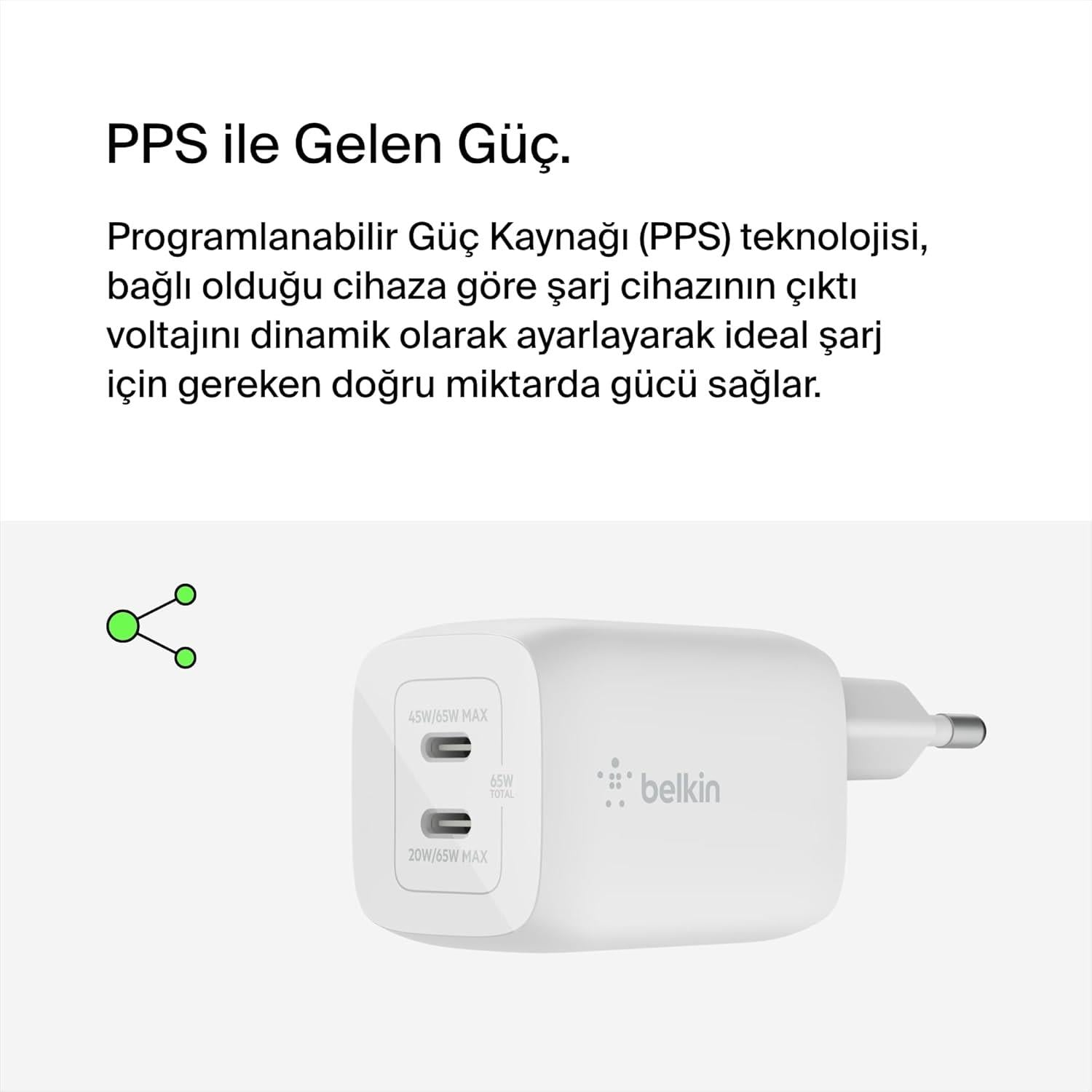 Belkin WCH013VFWH Çift Usb-C Power Delivery Gan Duvar Şarj Cihazı 65W