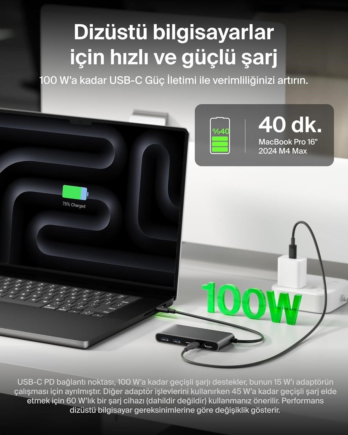 Belkin USB-C Hub, 5 Portlu, 60 Hz'de 4K HDMI Ekran Desteği, 100W Güç İletimi, 5Gbps  USB-C Çoklu Port Adaptörü, Gri
