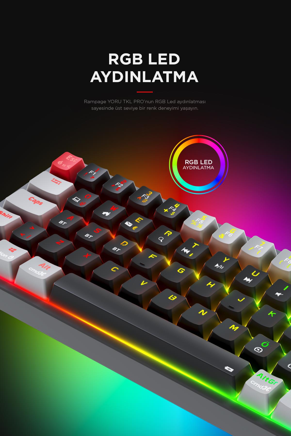 Rampage YORU TKL PRO Siyah/Gri 2.4ghz+BT5.0+Type-C 5 Bağlantı OUTEMU Red Swich Q Mekanik Gaming Oyuncu Klavye RGB