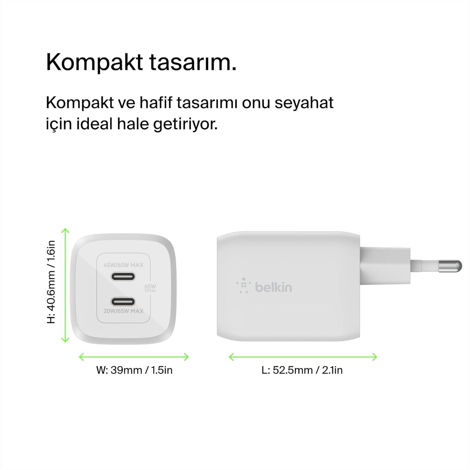 Belkin WCH013VFWH Çift Usb-C Power Delivery Gan Duvar Şarj Cihazı 65W
