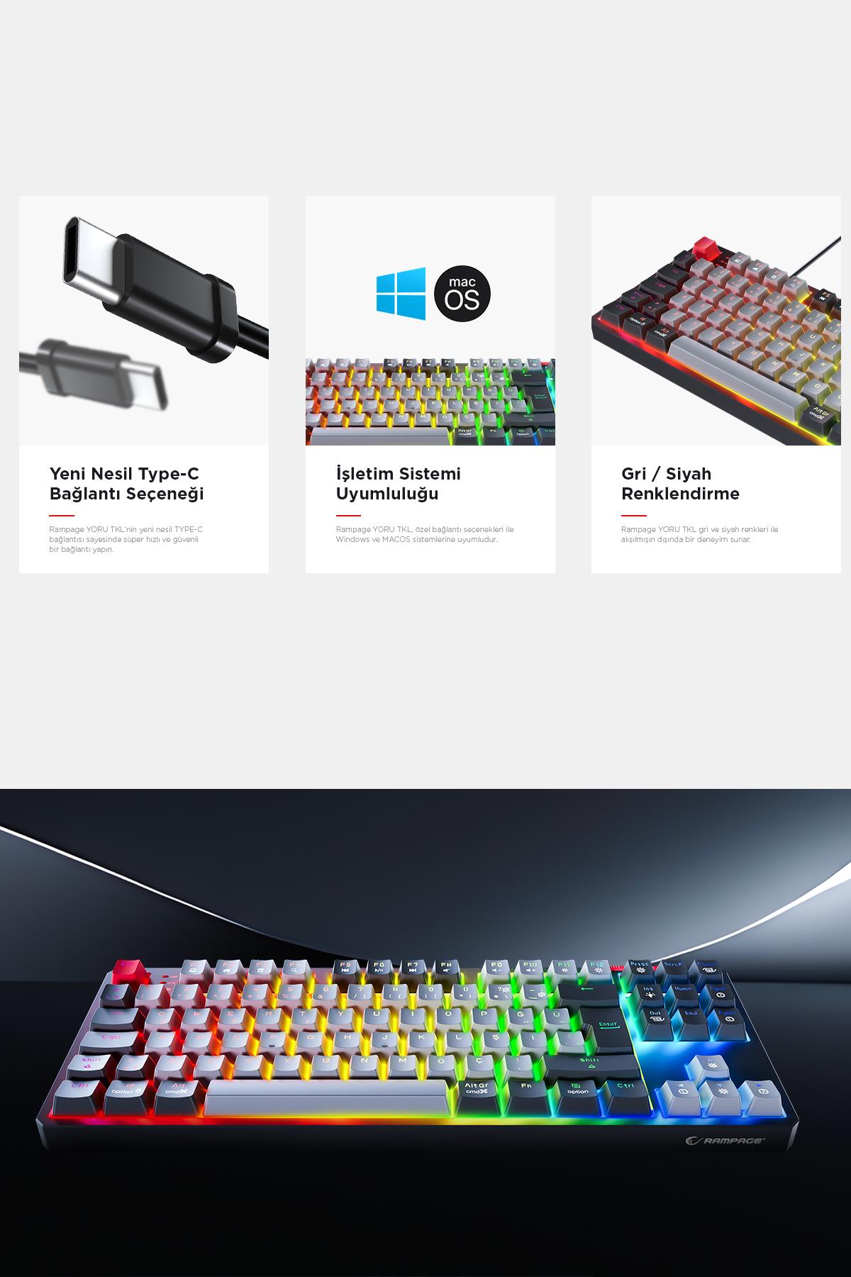 Rampage YORU TKL Gri/Siyah Type-C Bağlantılı OUTEMU Red Swich Q Mekanik Gaming Oyuncu Klavye RGB