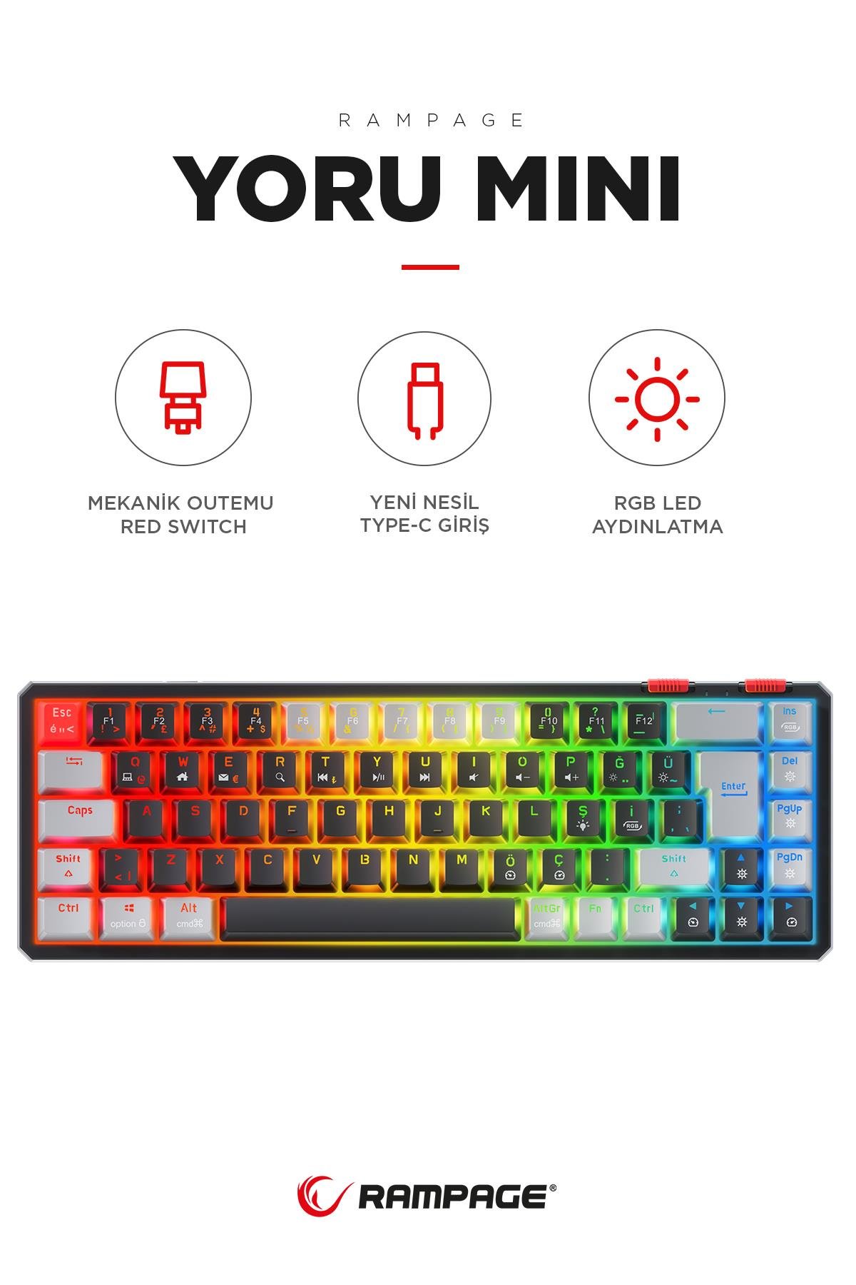 Rampage YORU Mini Siyah/Gri Type-C Bağlantılı OUTEMU Red Swich Q Mekanik Gaming Oyuncu Klavye RGB