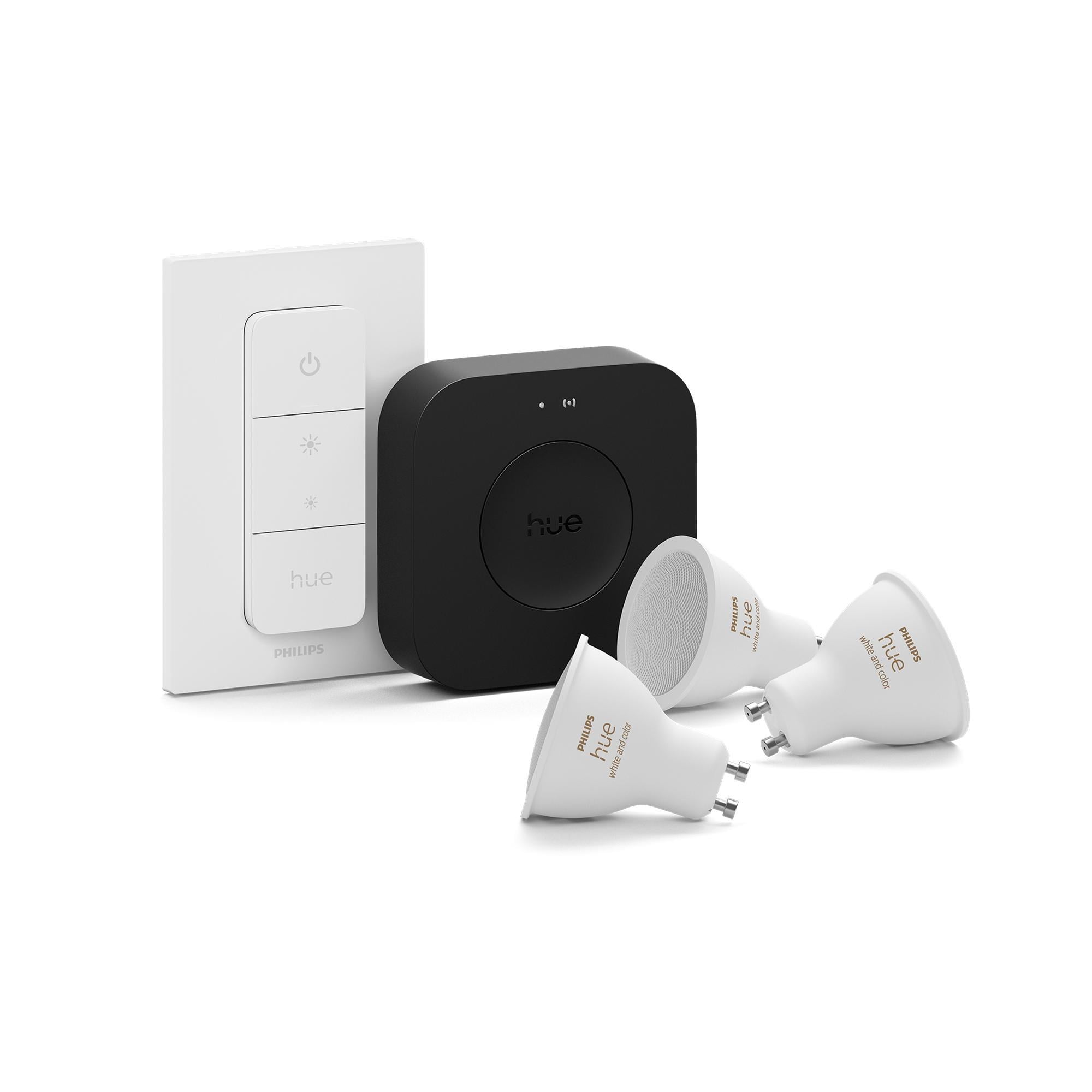 Philips Hue GU10 3'lü Spot Başlangıç Seti, Bridge Pro ve Dimmer Switch dahildir.