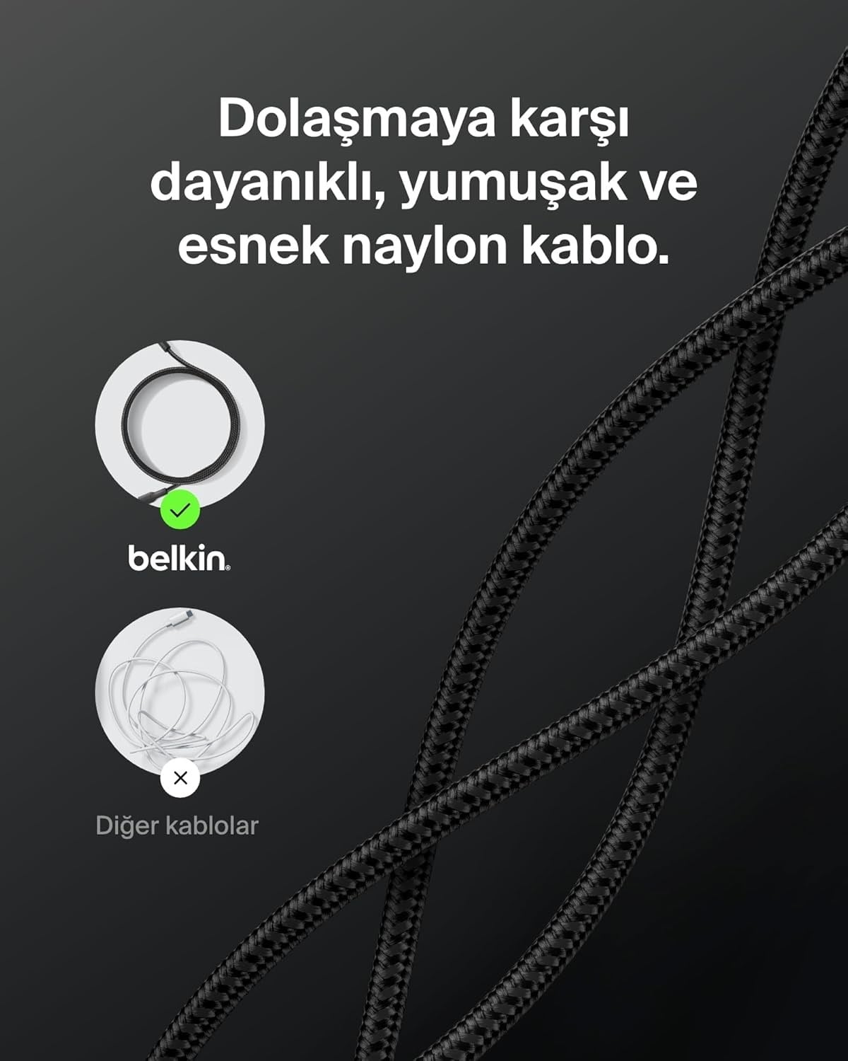 Belkin Eco Örgülü USB-C - USB-C 3 m, 240 W Tip-C Şarj Kablosu - Siyah