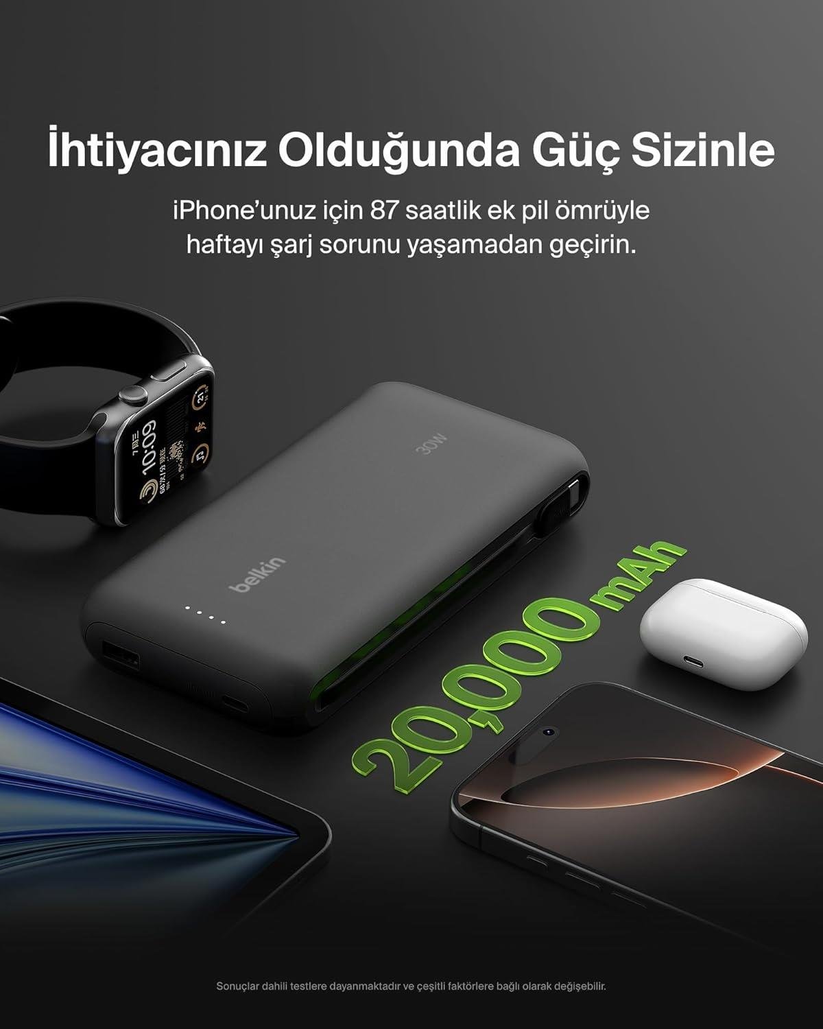 Belkin BoostCharge Powerbank, 20K Entegre Kablolu Taşınabilir Güç Kaynağı, 30 W Güç İletimli Hızlı Şarj, USB-C, Siyah