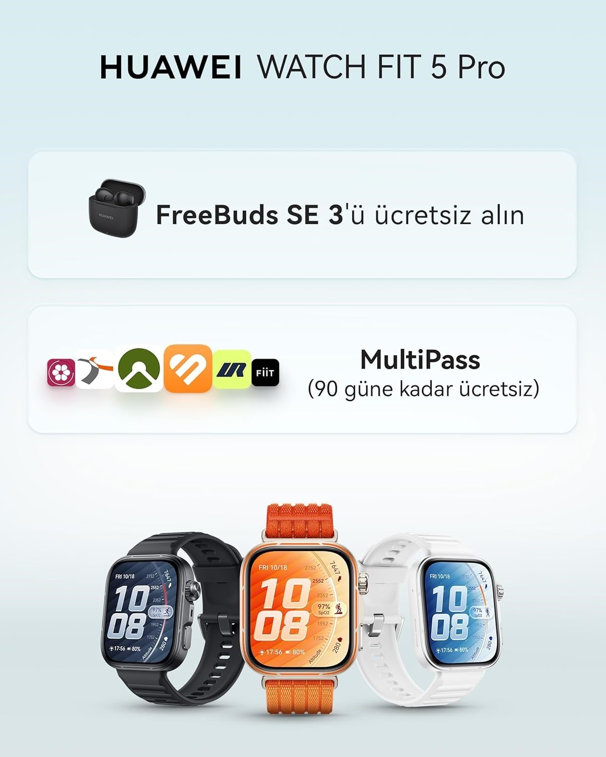 Huawei Watch Fit 5 Pro Akıllı Saat – Beyaz  Huawei Freebuds SE3 Siyah Hediyeli
