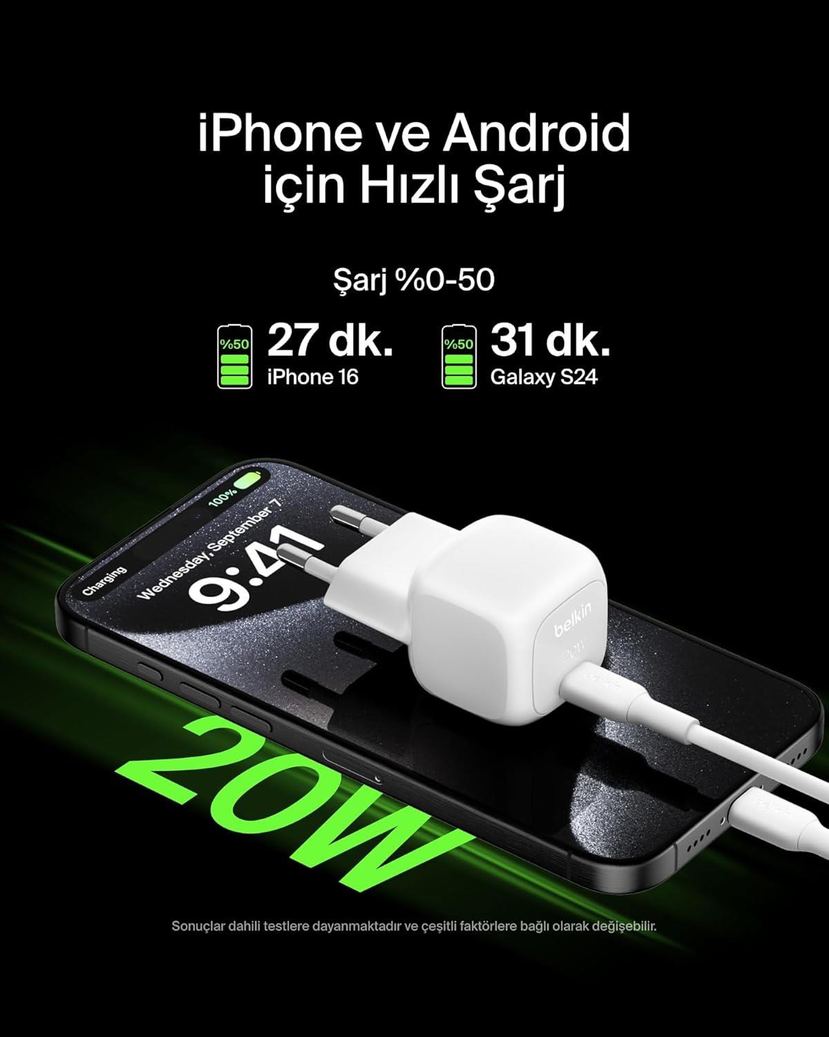 Belkin BoostCharge WCA009 20W PPS USB-C Şarj Cihazı, Beyaz