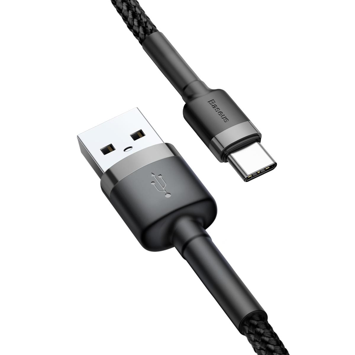 Baseus Cafule Şarj & Data Aktarım Kablosu, Gri - Siyah, 0.5m, 3 A, USB Kablo,USB A & USB-C CATKLF-A1