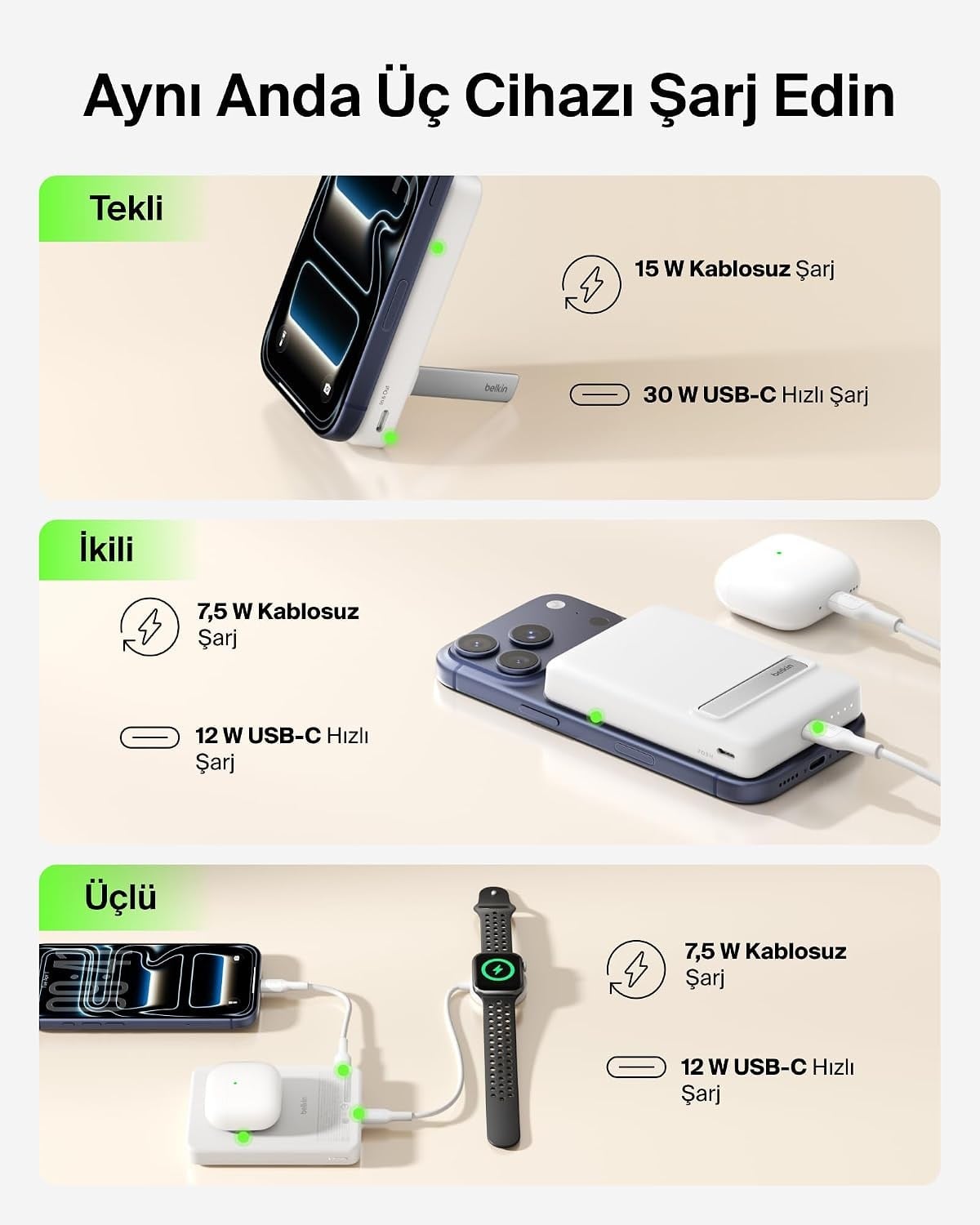 Belkin BoostCharge 10000 mAh İnce Manyetik Stantlı Power Bank, Beyaz