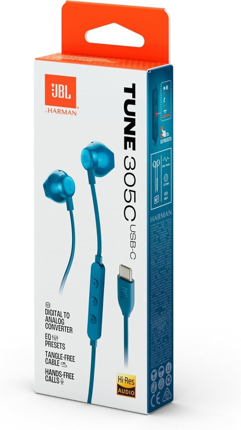 JBL Tune 305C USB-C Kulakiçi Kablolu Kulaklık, Mavi