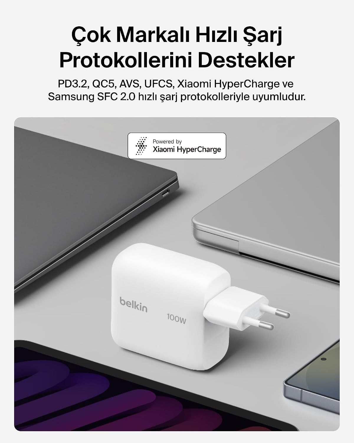 Belkin BoostCharge USB-C Fiş Tipi Şarj Cihazı 100 W, GaN Kompakt ve Katlanabilir, Beyaz