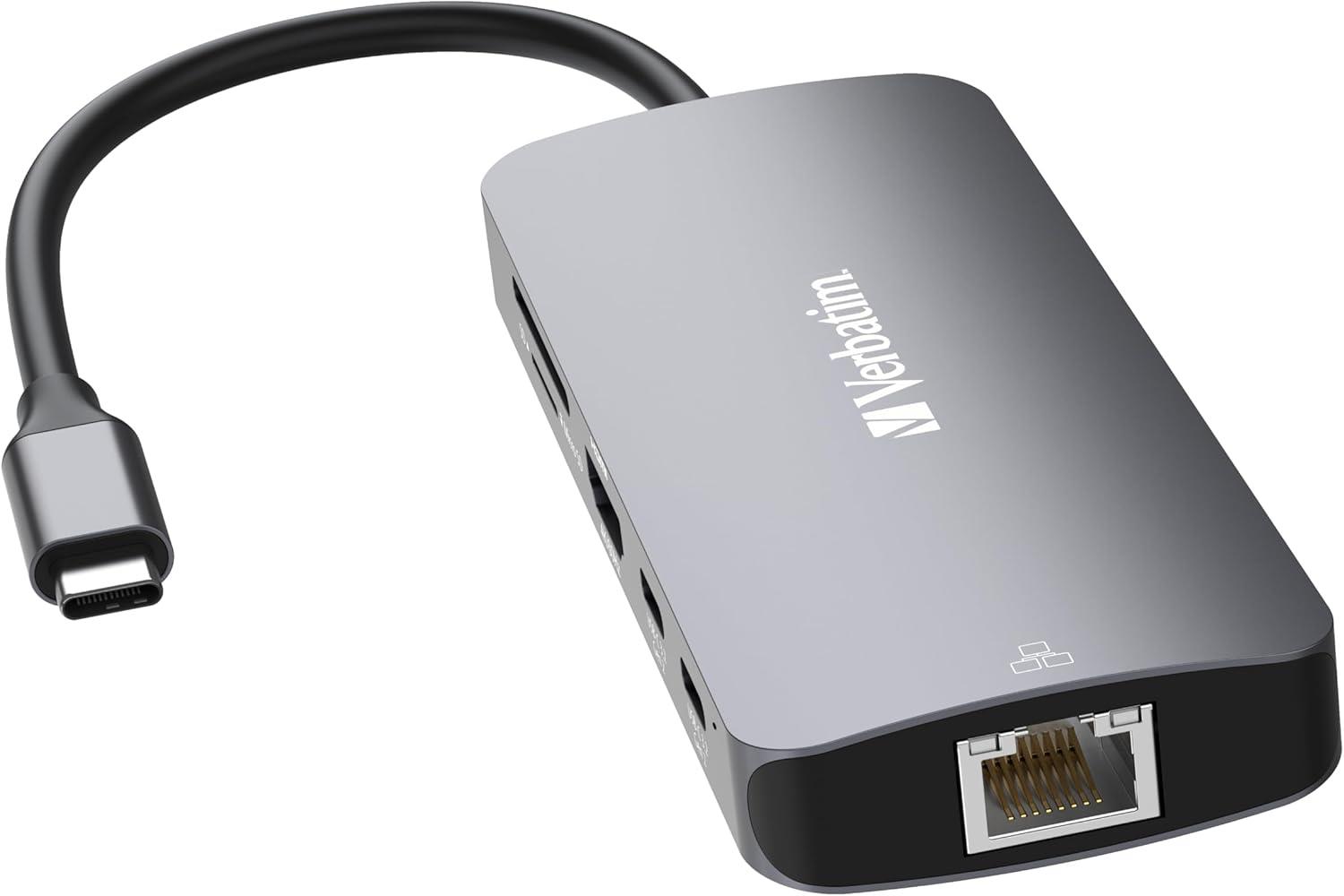 Verbatim USB C Hub 9'u 1 arada, çoklu bağlantı noktalı adaptör, USB-C, HDMI, RJ45, USBA-A ve USB-C, SD kart okuyuculu
