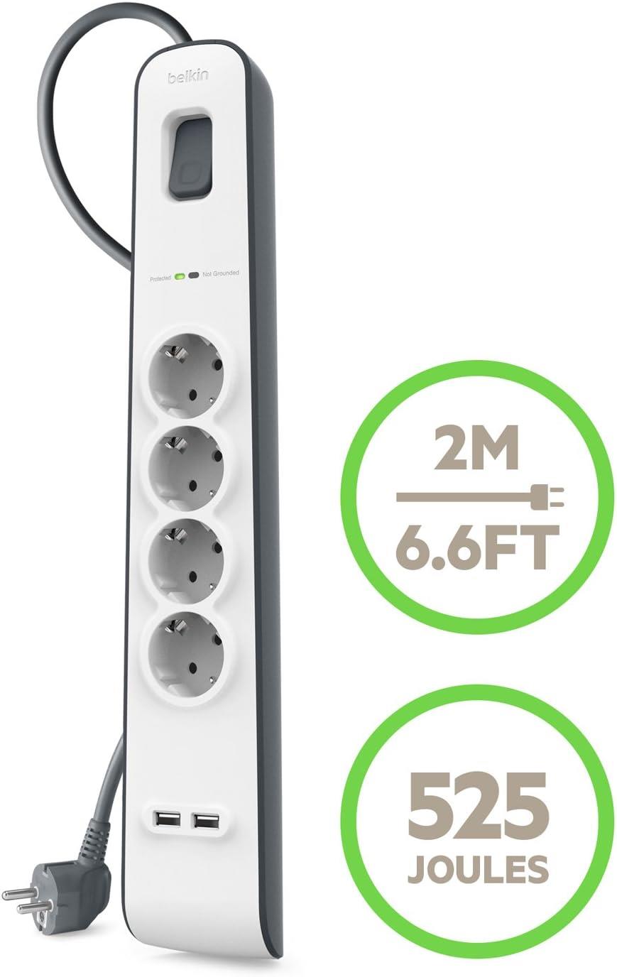 OUTLET Belkin Surge Plus 4'lü priz, yüksek gerilim korumalı (2,4 A, 2 m kablolu 2 USB bağlantısı dahil) beyaz/gri BSV401VF2M