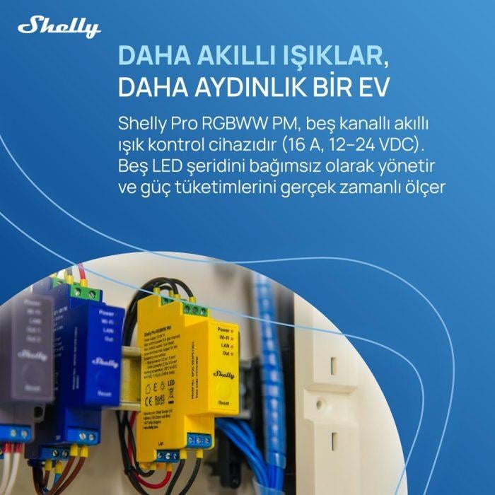 Shelly Pro RGBWW PM Akıllı LED Renk ve Parlaklık Kontrol Rölesi