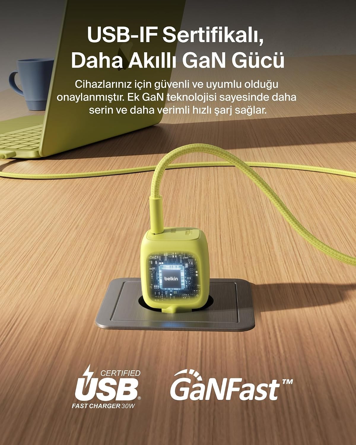 Belkin BoostCharge 30 W USB-C GaN Şarj Cihazı + 2 m Örgülü USB-C Kablo dahil, Yeşil