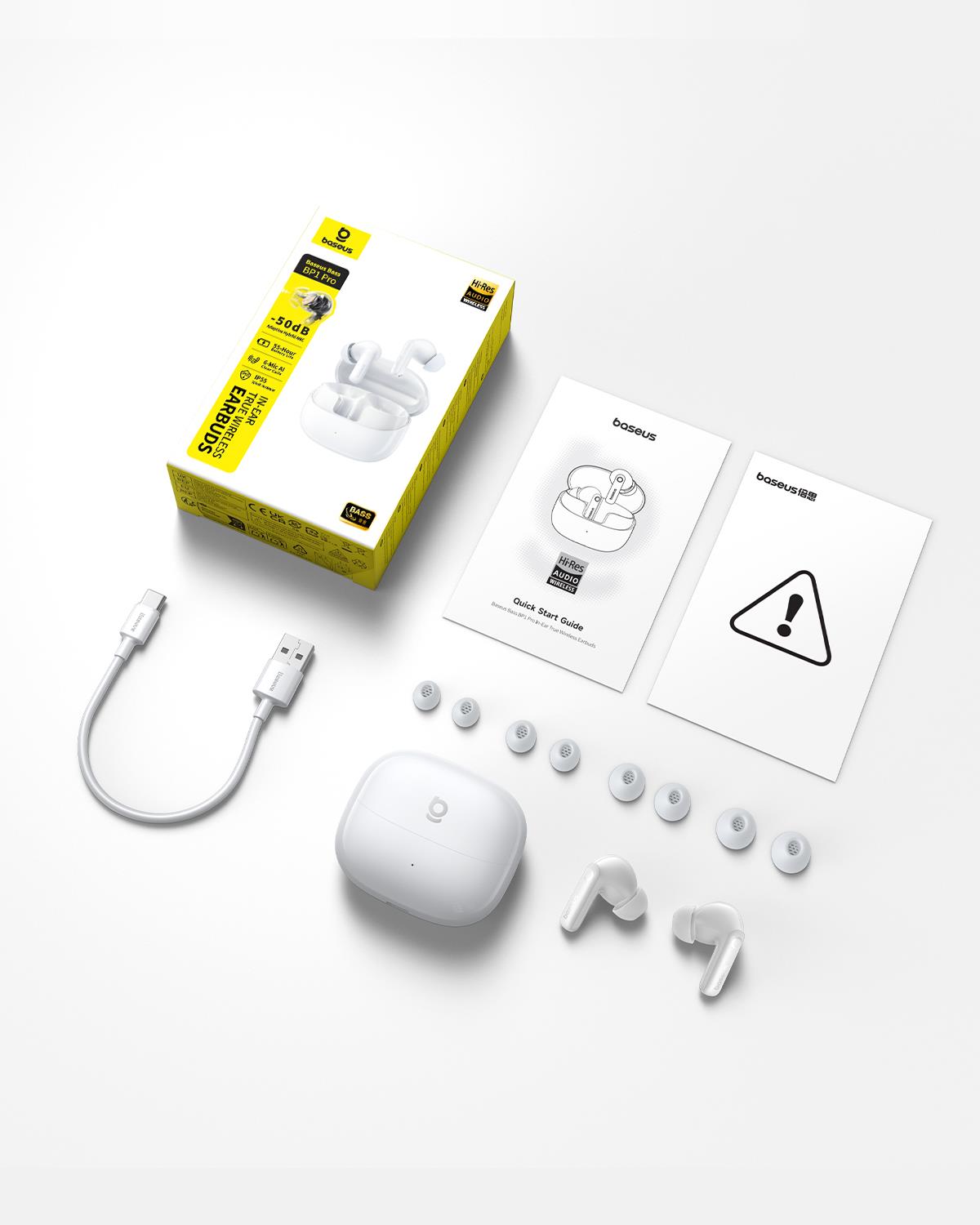 Baseus Bass BP1 Pro 50 dB Gürültü Engellemeli Kulaklıkiçi Kulaklık, 6 Mikrofonlu AI Net Arama, IP55, 55 Saat Oynatma Süresi, Bluetooth 6.0, Beyaz