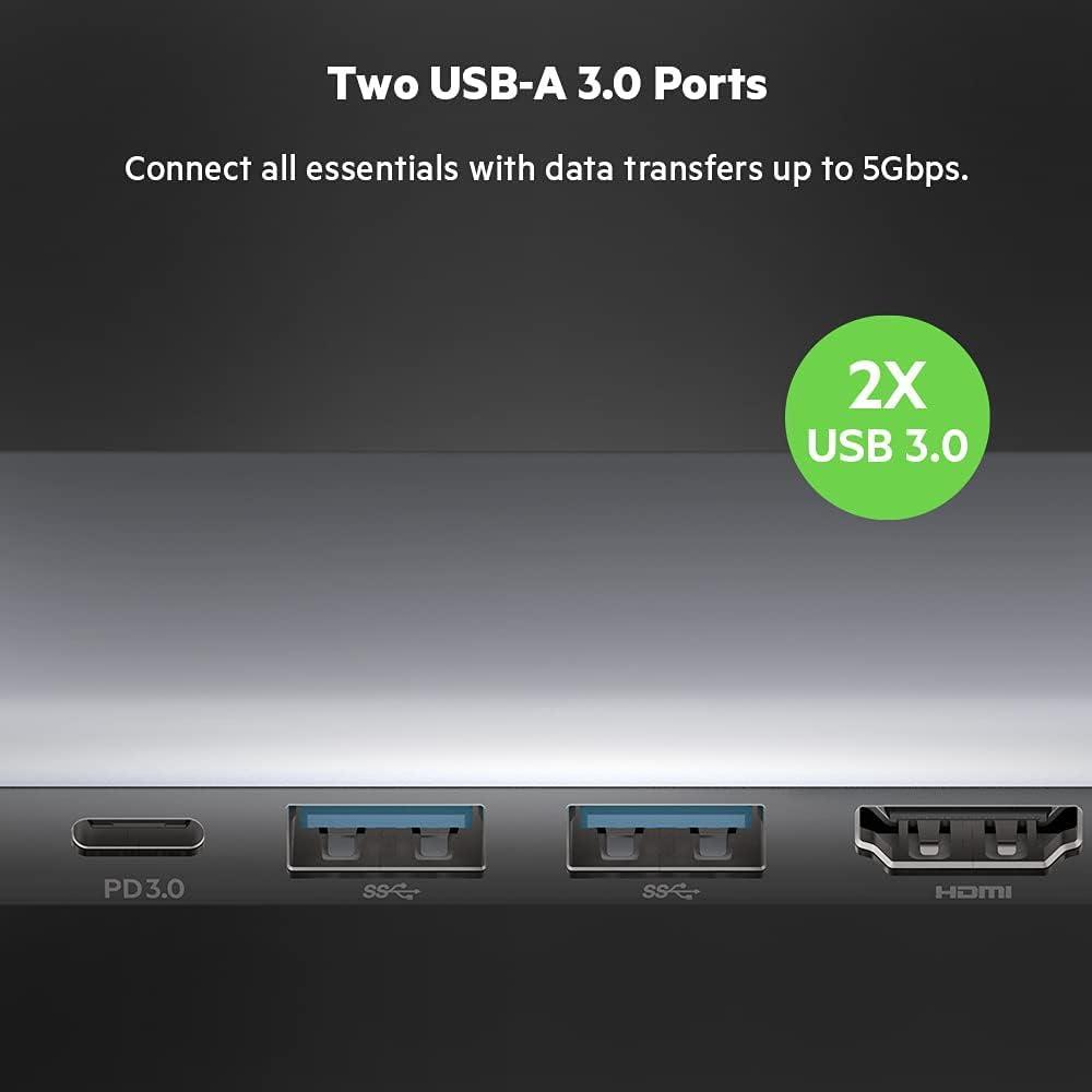 Belkin 7'si 1 Arada Çok Bağlantı Noktalı USB C Hub (4K HDMI, USB-C, 2 x USB A, 3,5 mm Ses, SD 3.0 Yuvası için micro-SD 3.0 ile)), AVC009BTSGY