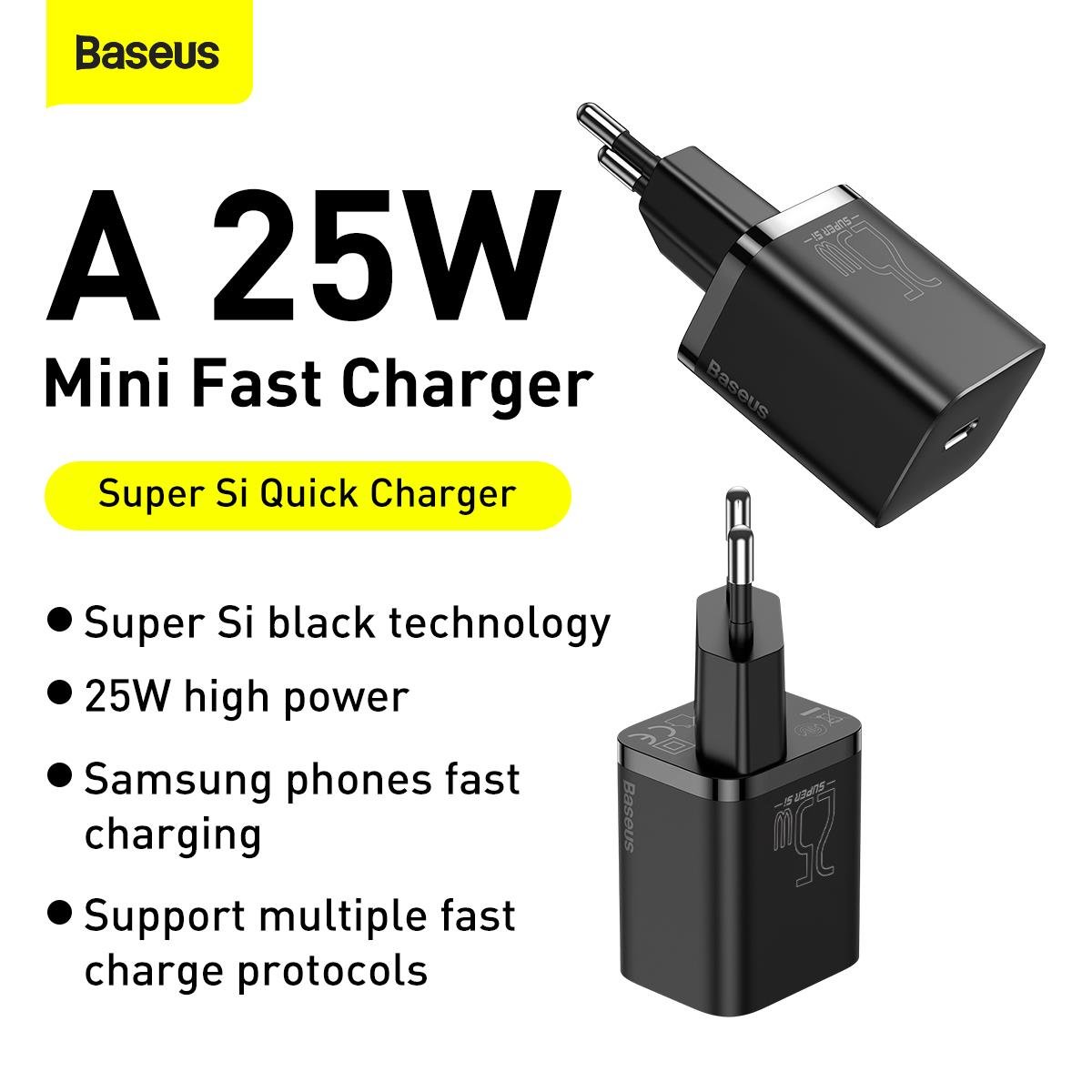 Baseus Super Si 25W Hızlı Şarj Cihazı ve 1M Type-C Kablo, Siyah