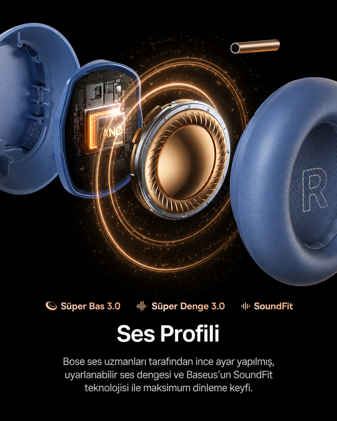 Baseus Inspire Sound by Bose XH1 ANC 100 saat çalma süresi 4 mikrofon BT6.0 Kablosuz Kulak Üstü Kulaklık, Turuncu