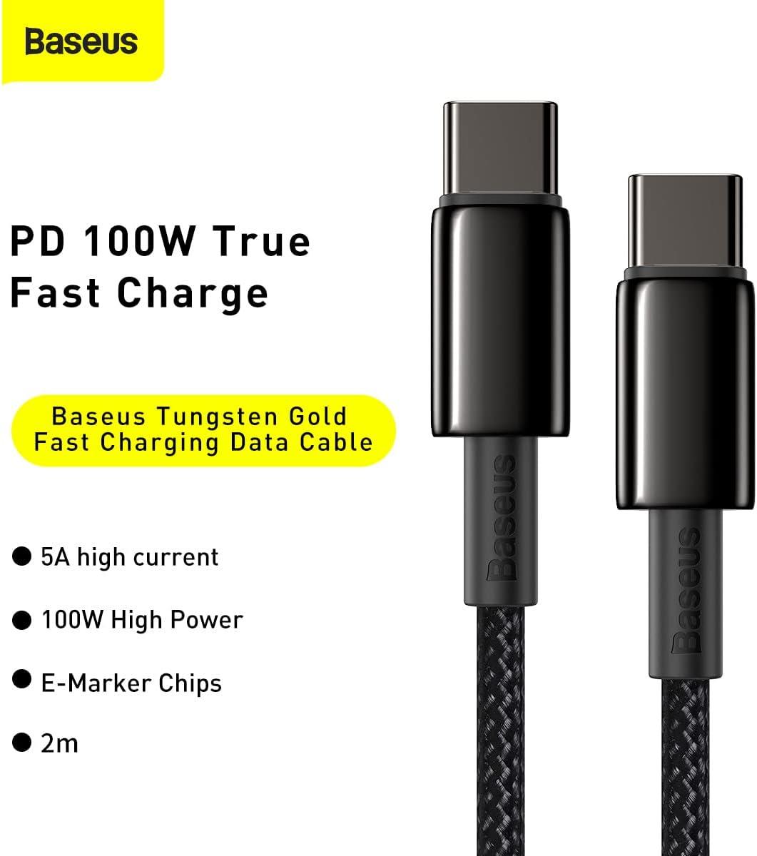 Baseus Tungsten Gold Hızlı Şarj Data Kablosu Type-C to Type-C 100W 2m Siyah CATWJ-A01
