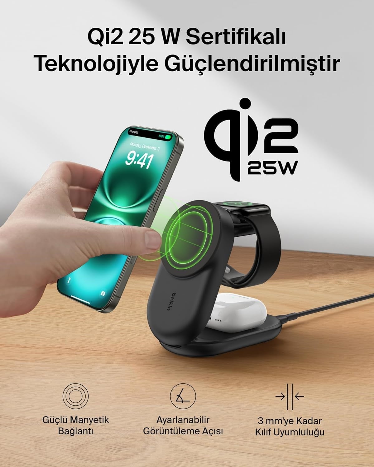 Belkin UltraCharge MagSafe Uyumlu 3'ü 1 Arada Qi2 25W Kablosuz Şarj Cihazı, 45W Adaptör, Siyah