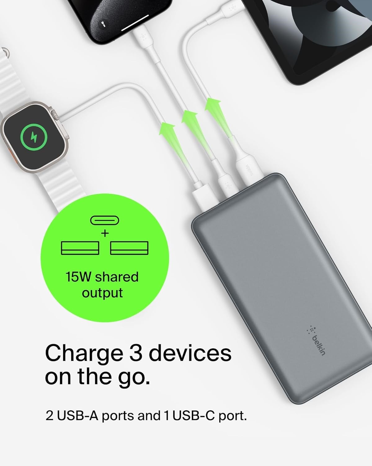Belkin USB C Taşınabilir Şarj Cihazı 20000mAh, 20K Powerbank, USB Type C Giriş Çıkış Portu ve 2 USB A Portu, USB C  – Uzay Grisi