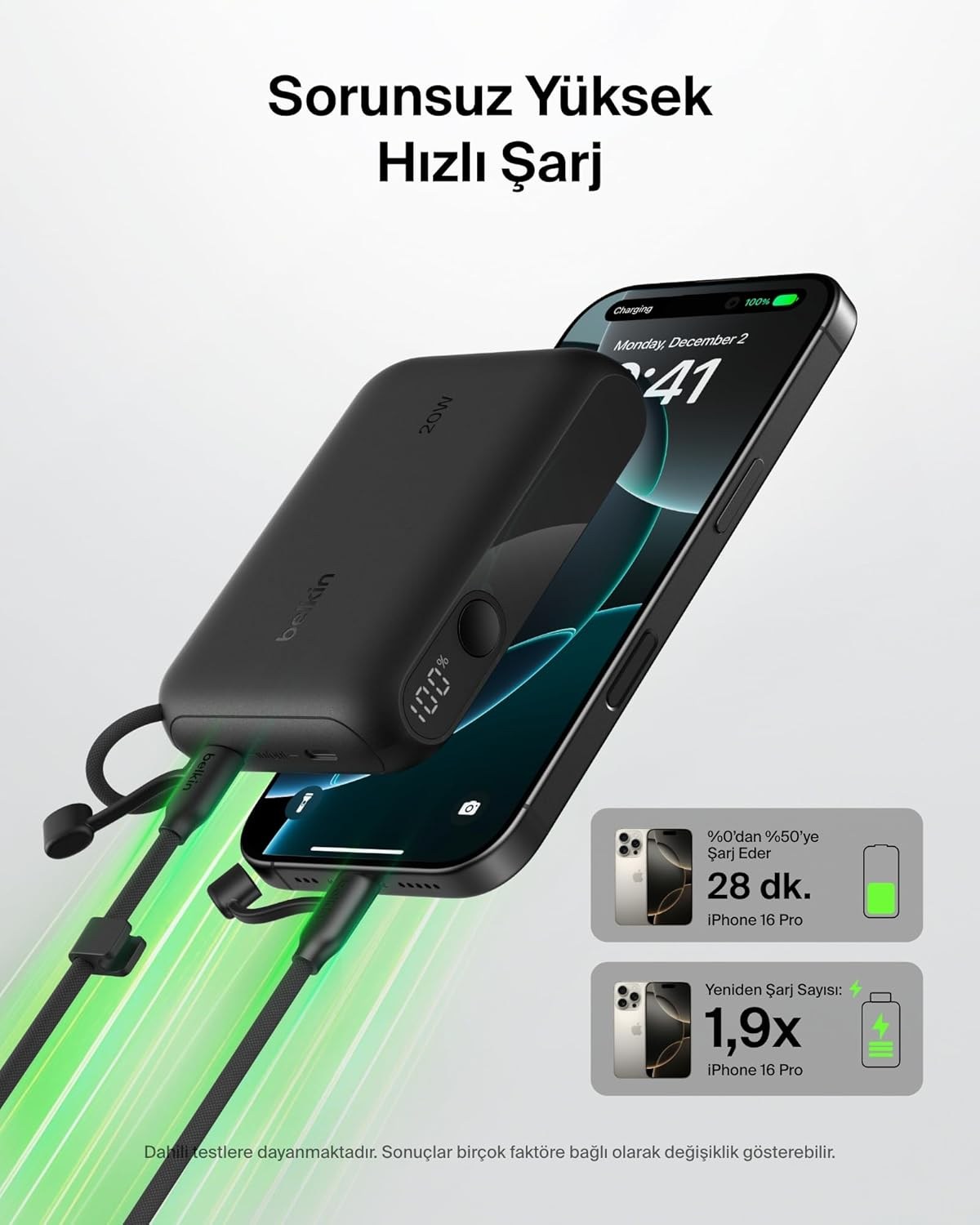 Belkin Taşınabilir Şarj Cihazı, 10.000 mAh USB-C İnce Güç Kaynağı, 2 USB-C Port, Dijital Pil Göstergesi, 20 W Hızlı Şarj