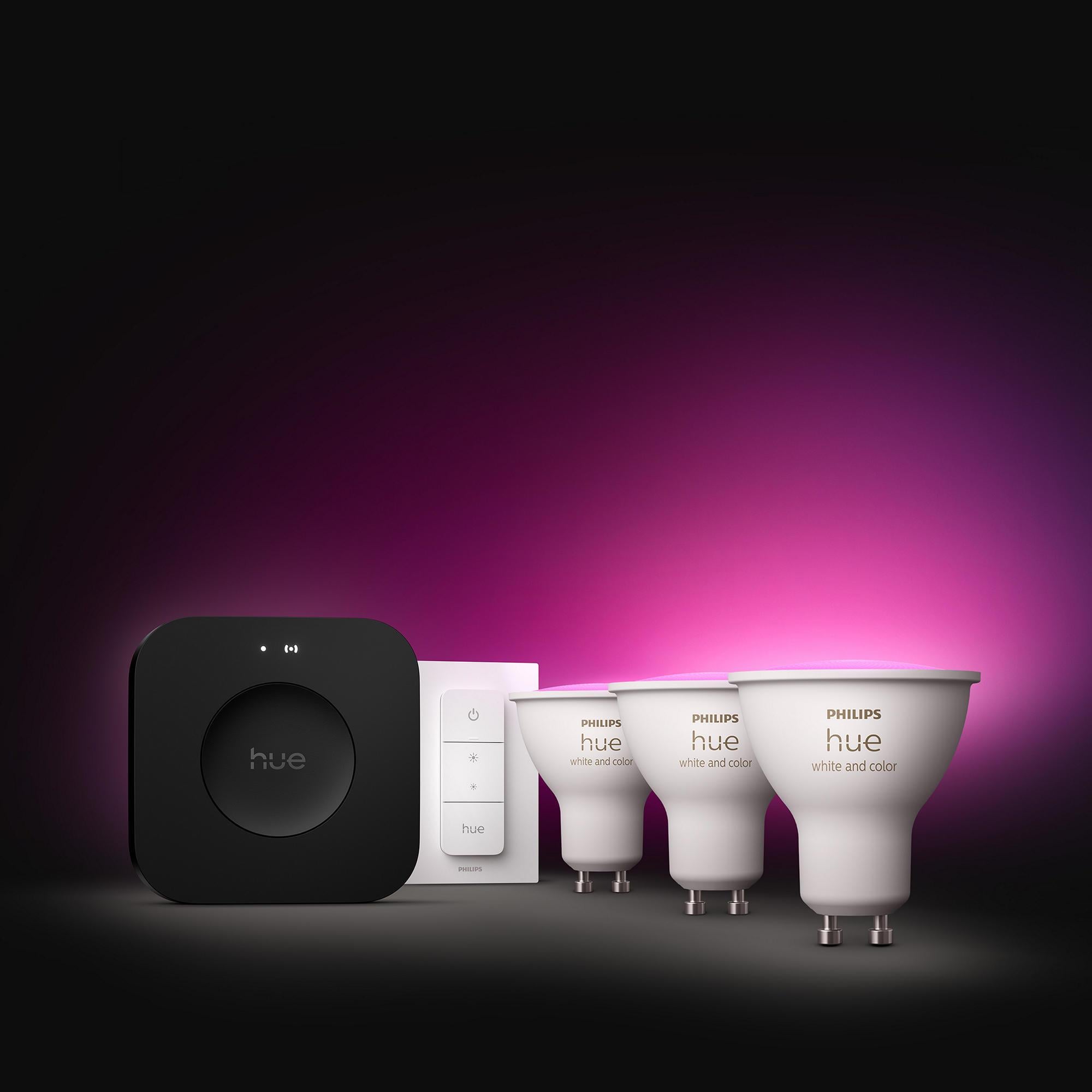 Philips Hue GU10 3'lü Spot Başlangıç Seti, Bridge Pro ve Dimmer Switch dahildir.