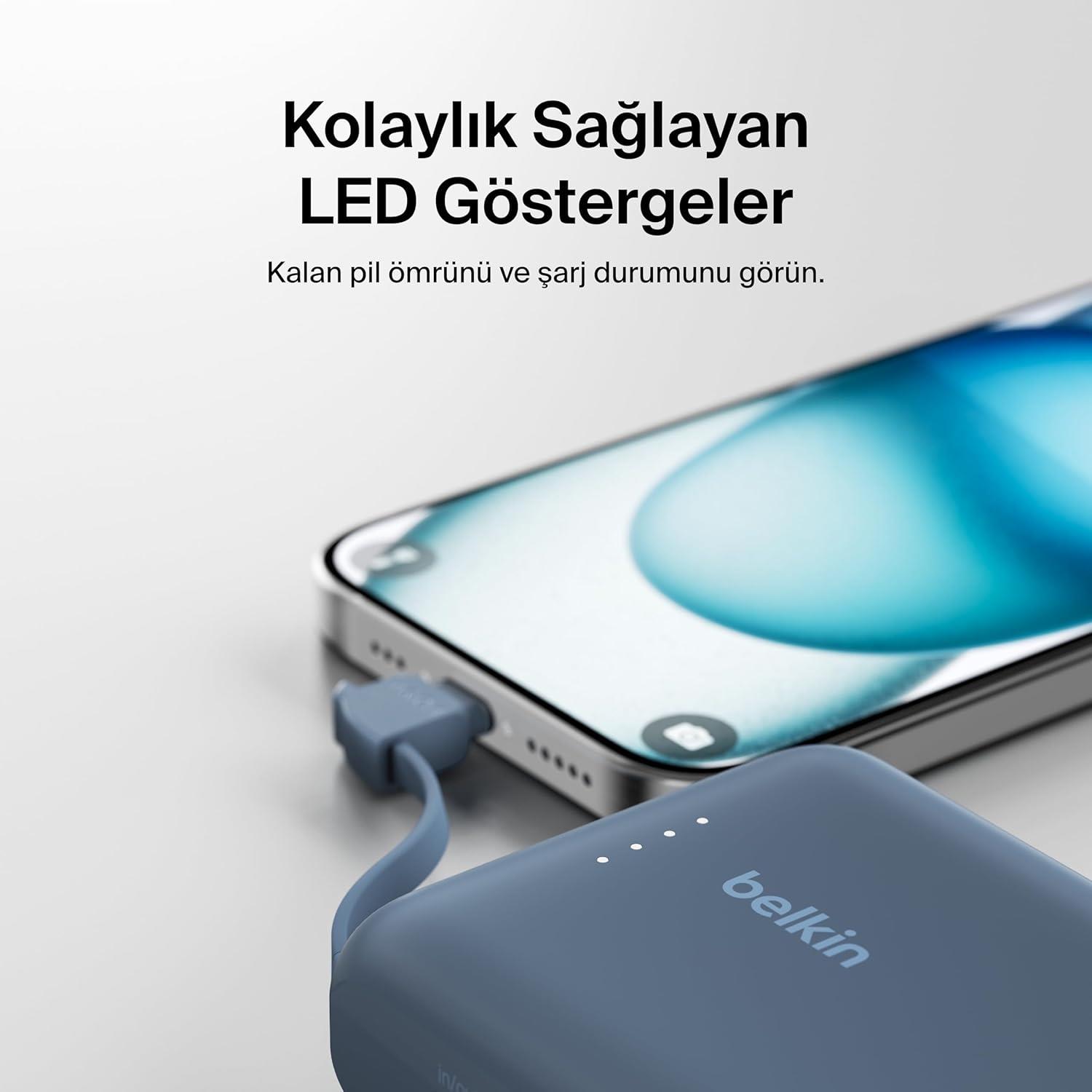 Belkin BoostCharge Powerbank, Entegre Type-C Kablolu 10K PD 20W, Mavi
