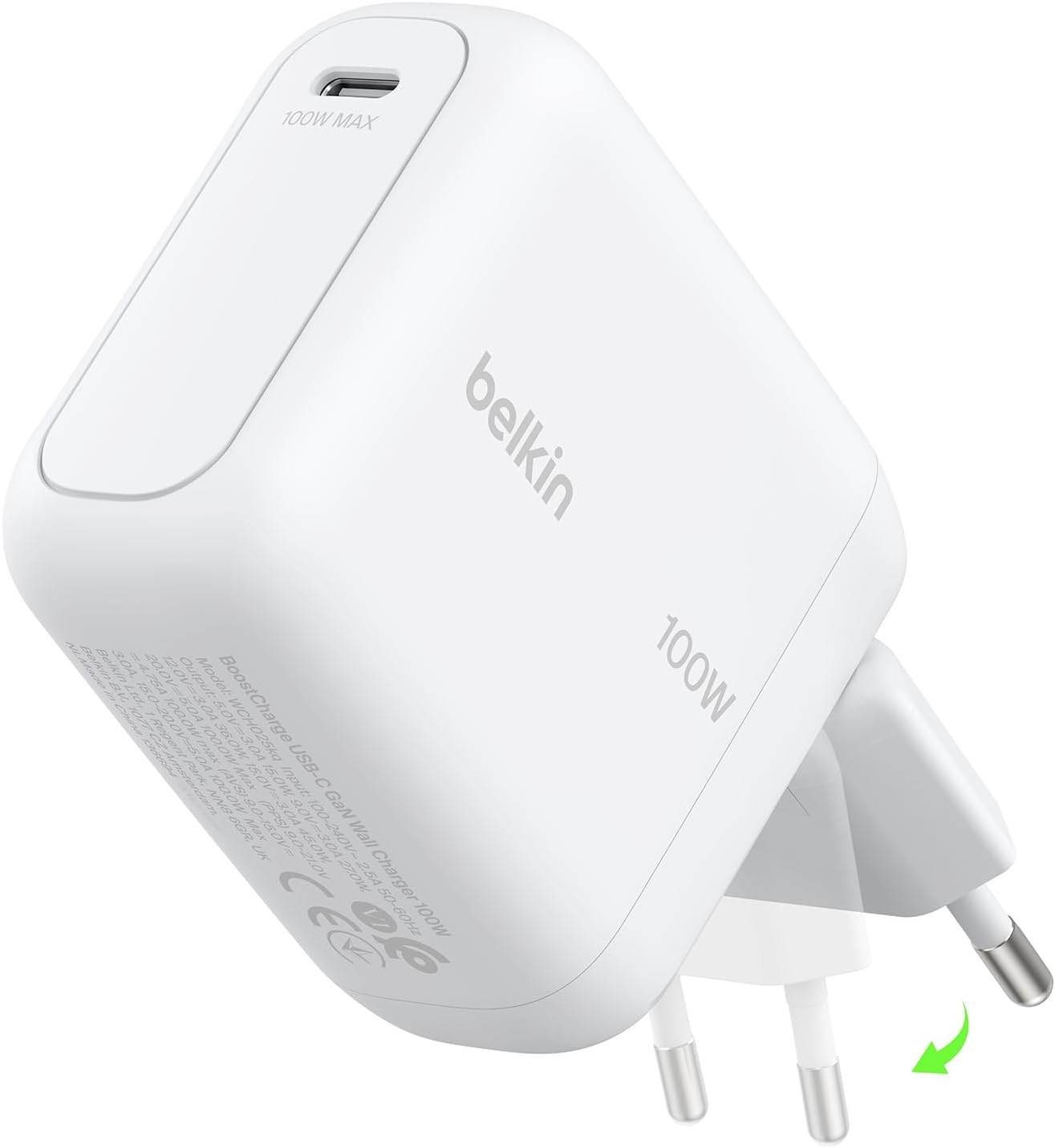 Belkin BoostCharge USB-C Fiş Tipi Şarj Cihazı 100 W, GaN Kompakt ve Katlanabilir, Beyaz
