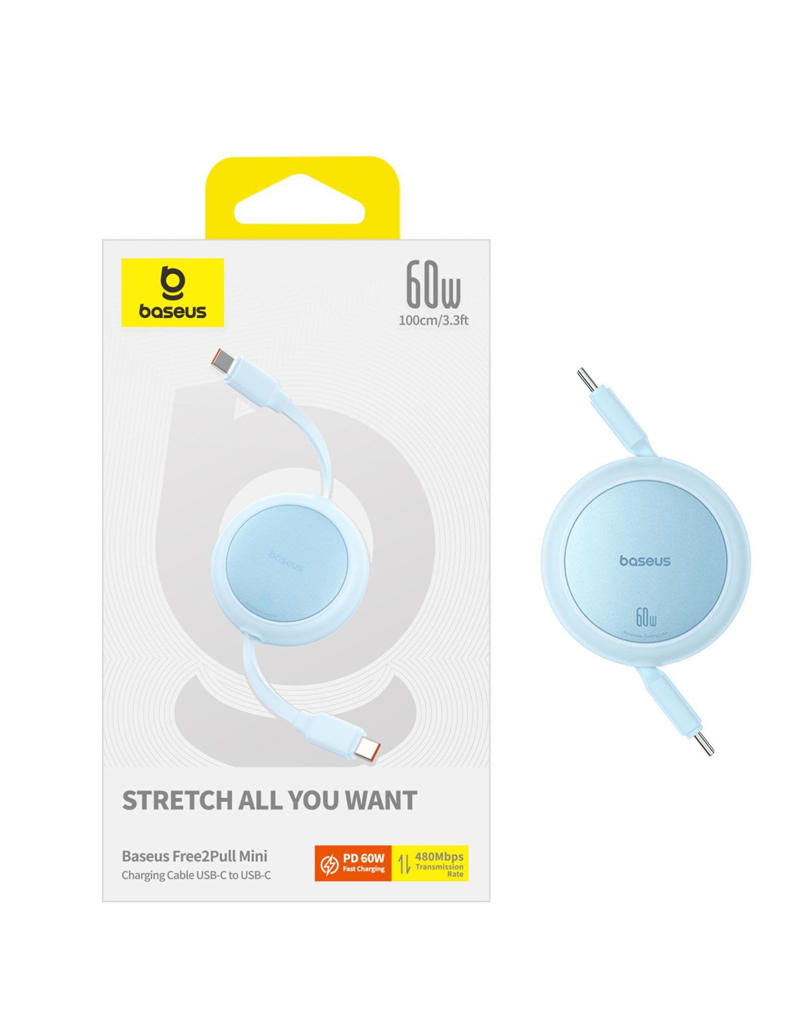 Baseus Free2Pull Mini Makaralı USB-C 60W Hızlı Şarj ve Data Kablosu, Mavi