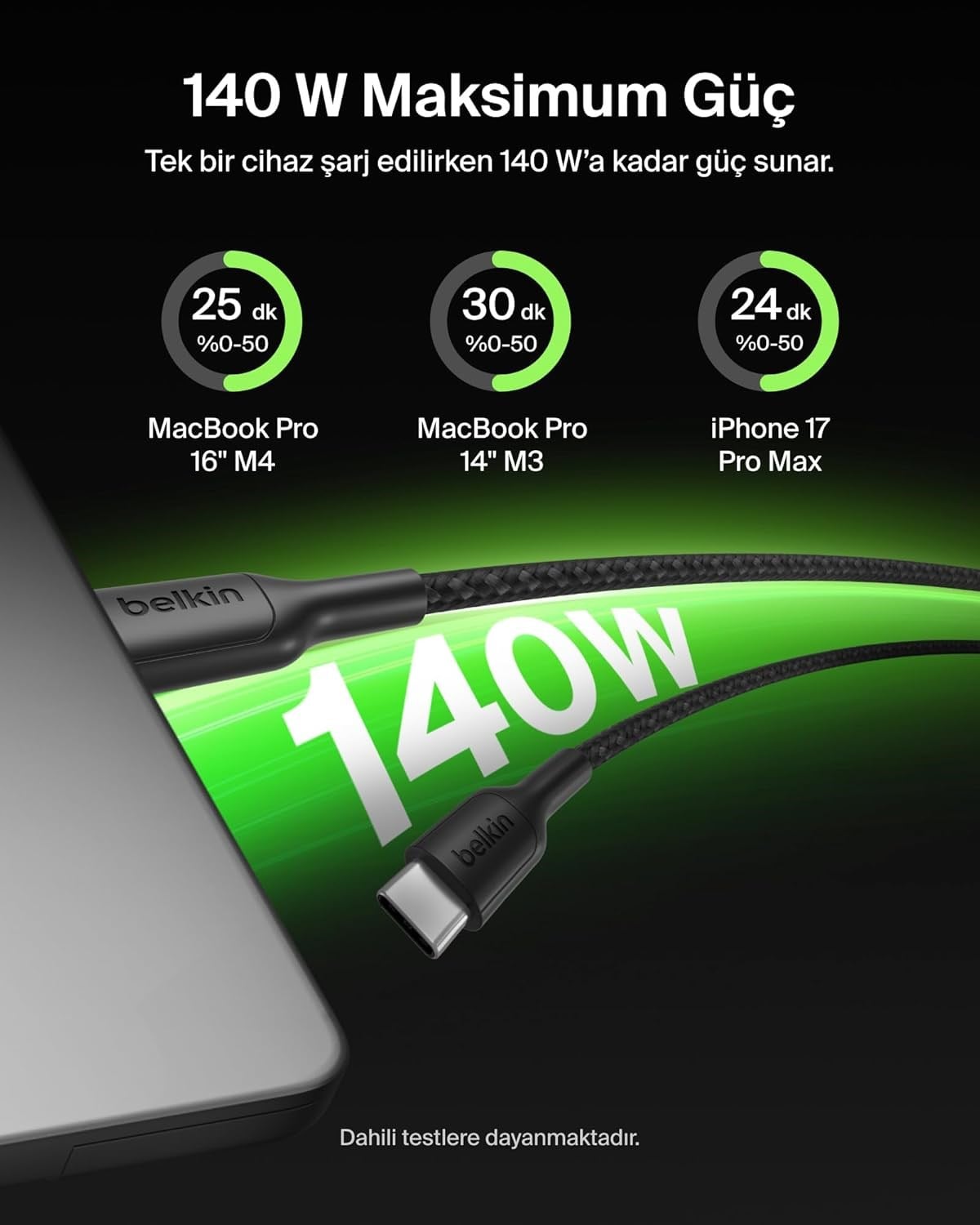 Belkin BoostCharge Pro 2'si 1 Arada 140 W USB-C - USB-C Örgülü Çift Şarj Kablosu, 1.5M, Siyah