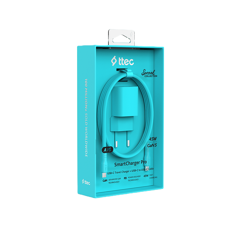 ttec SmartCharger GAN 45W AVS PD Seyahat Hızlı Şarj Aleti + USB-C - USB-C 3A Kablo Neon Neon Mavi