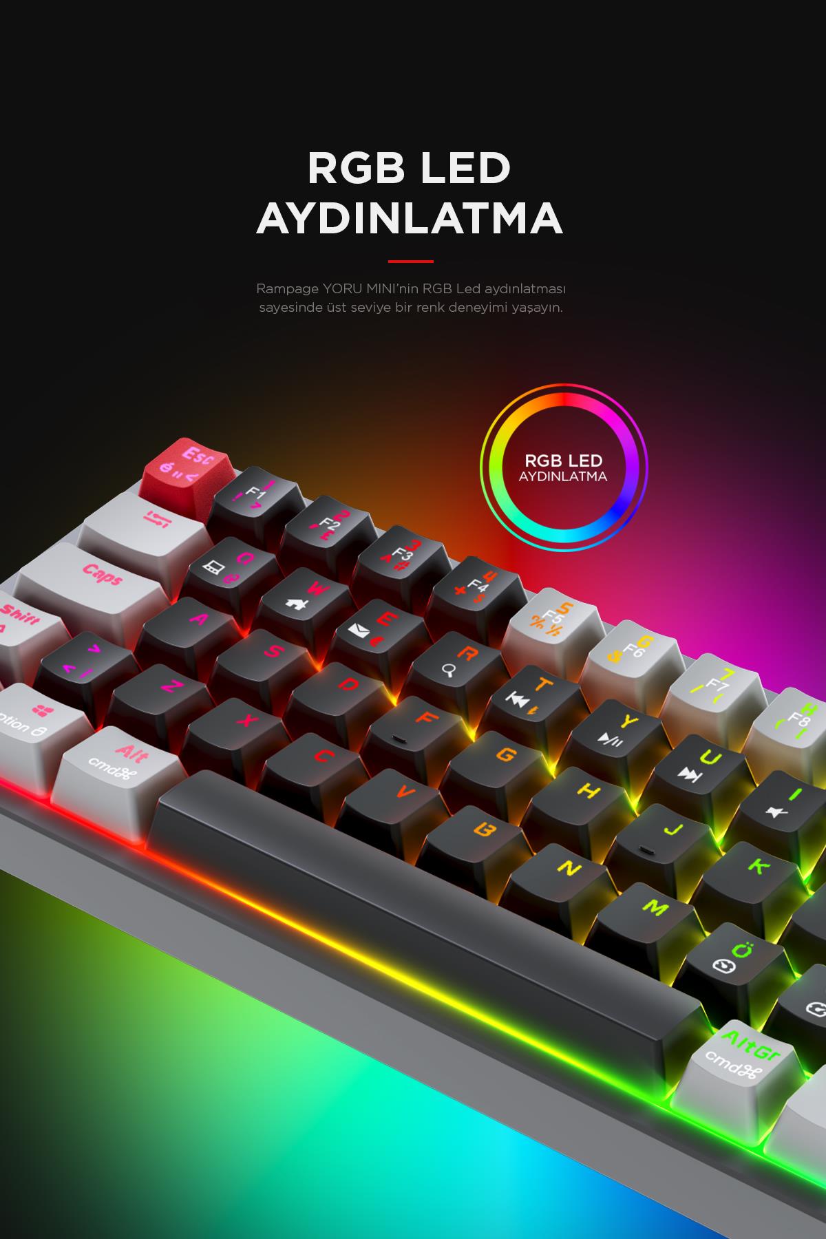 Rampage YORU Mini Siyah/Gri Type-C Bağlantılı OUTEMU Red Swich Q Mekanik Gaming Oyuncu Klavye RGB