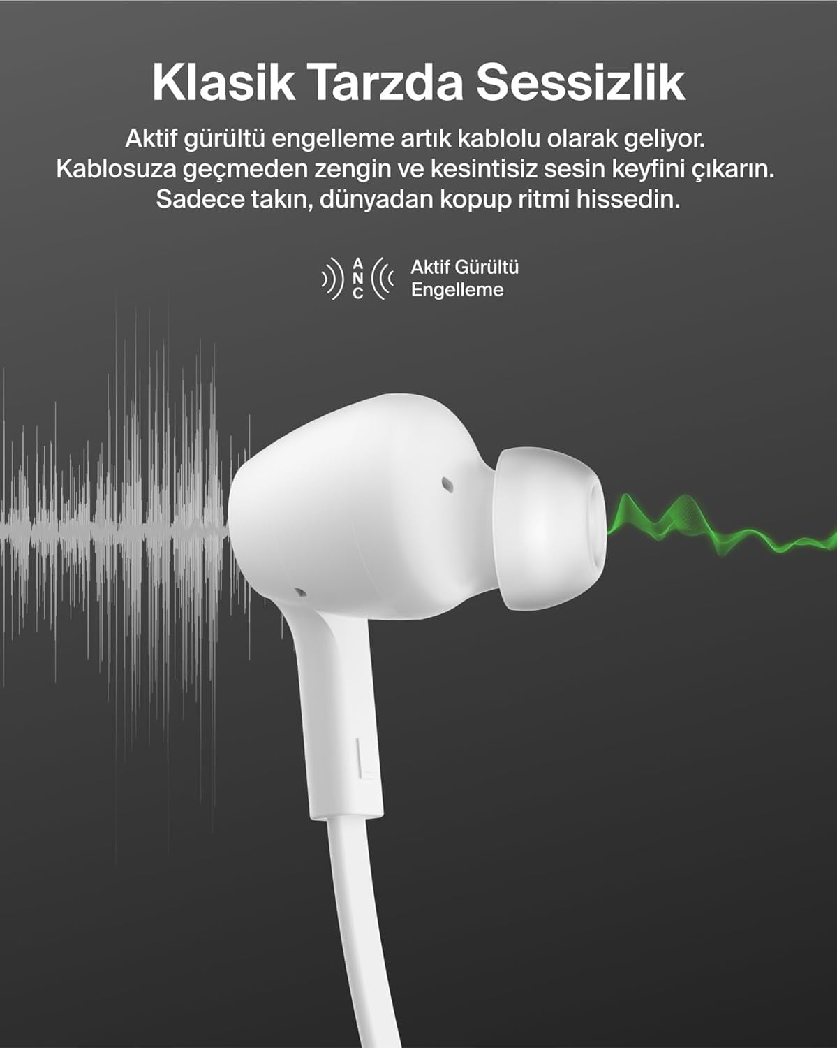 Belkin SoundForm ANC  USB-C Bağlantılı, Mikrofonlu Kulakiçi Kablolu Kulaklık, Beyaz