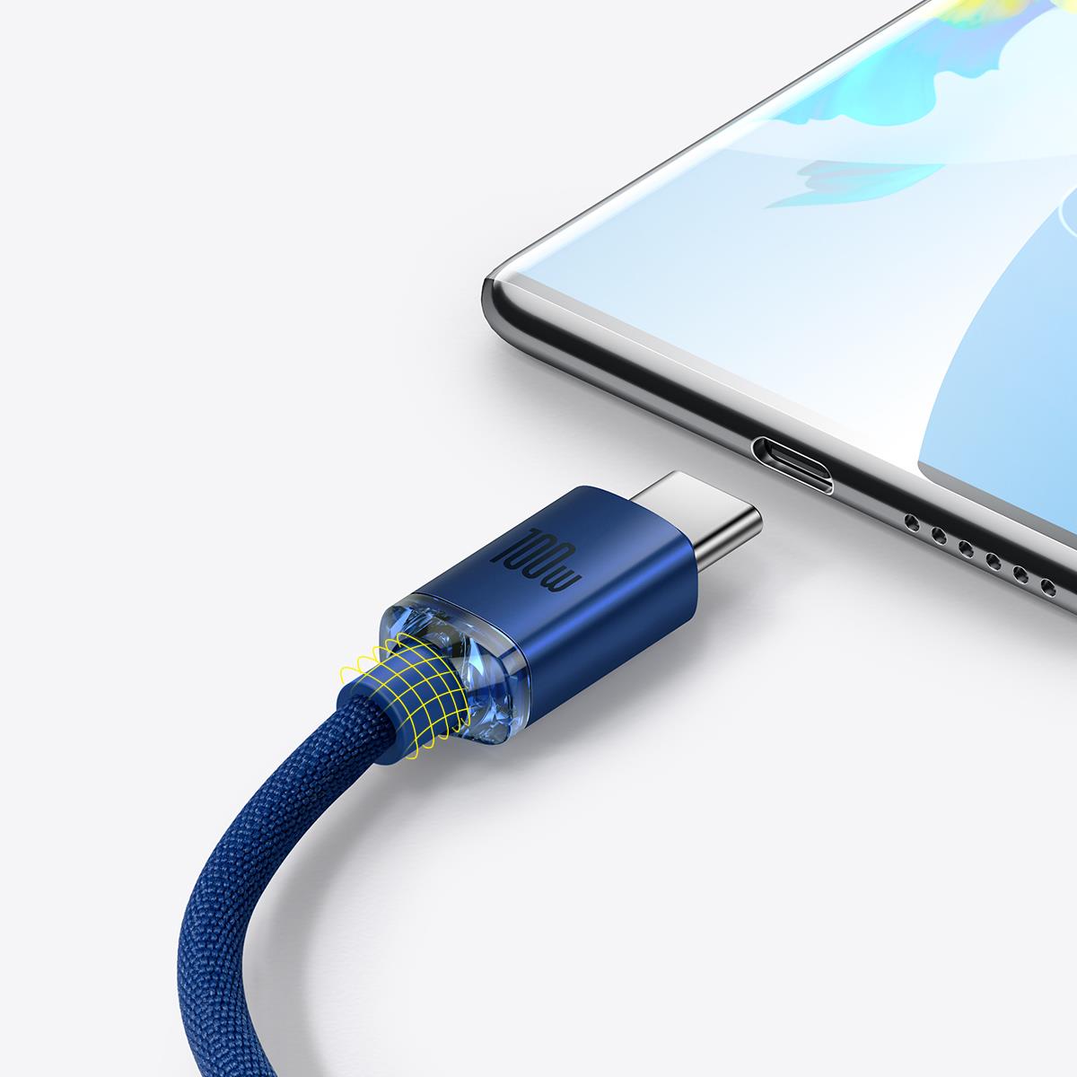Baseus Crystal Shine 100W 5A USB - USB-C Hızlı Şarj Data Kablosu 1.2M, Mavi