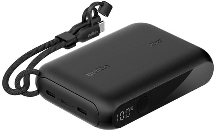 Belkin Taşınabilir Şarj Cihazı, 10.000 mAh USB-C İnce Güç Kaynağı, 2 USB-C Port, Dijital Pil Göstergesi, 20 W Hızlı Şarj