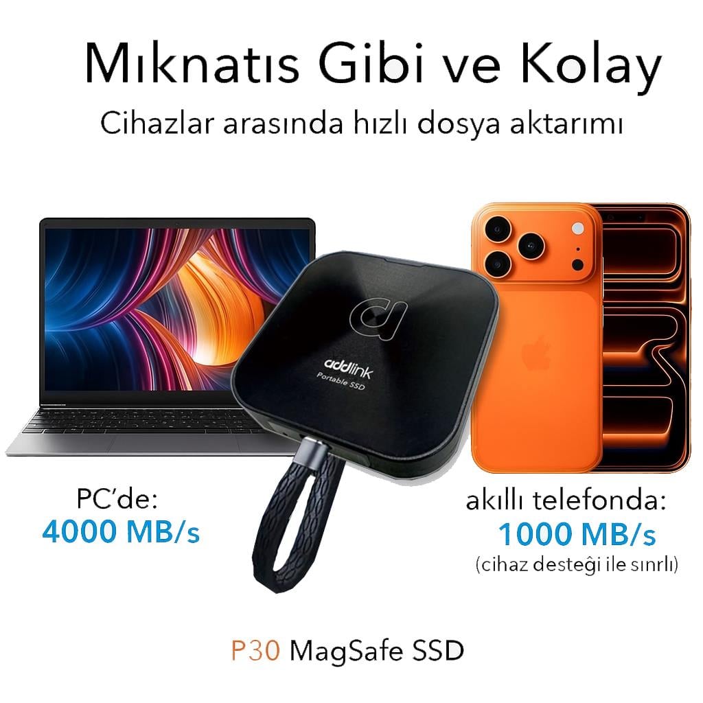 Addlink P30 2TB 4000-3600 MB/s USB 4.0 (40Gbps) Type-C Portable Taşınabilir SSD AD2TBP30B4K