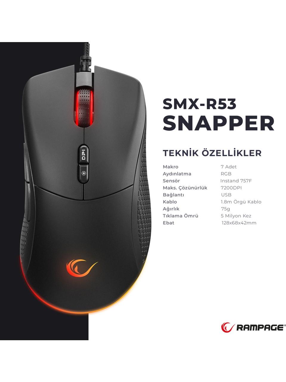 Rampage SMX-R53 SNAPPER Usb Siyah 7200 dpi RGB Aydınlatmalı Gaming Oyuncu Mouse