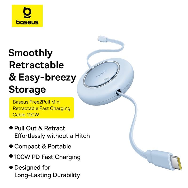 Baseus Free2Pull USB-C 100W Makaralı Hızlı Şarj ve Data Kablosu, 2 Metre, Mavi