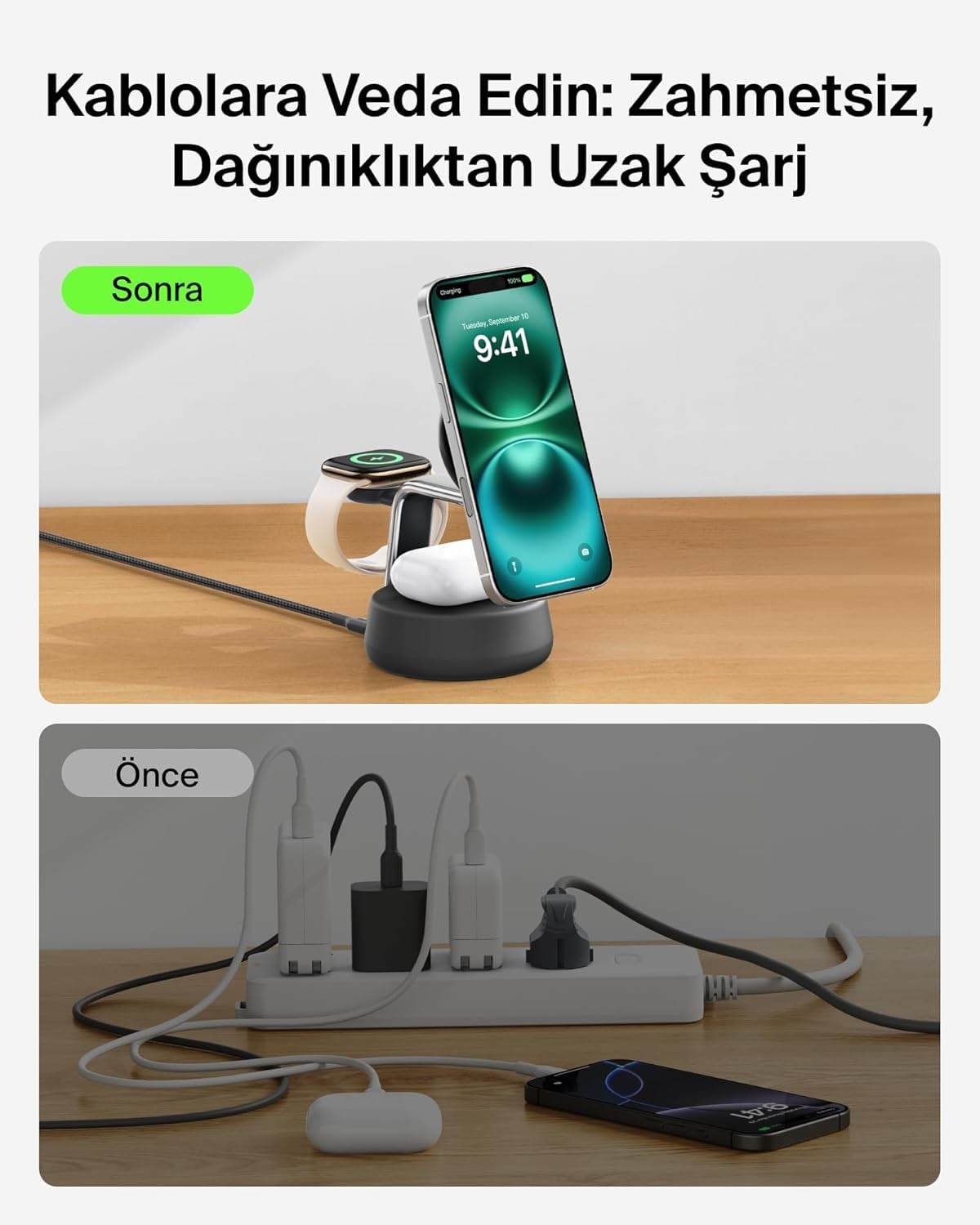 Belkin UltraCharge Pro MagSafe Uyumlu 3'ü 1 Arada Qi2 25W Kablosuz Şarj Cihazı, iPhone 17, Apple Watch, AirPods, Seyahat ve Masaüstü Standı, 45W Adaptör, Siyah
