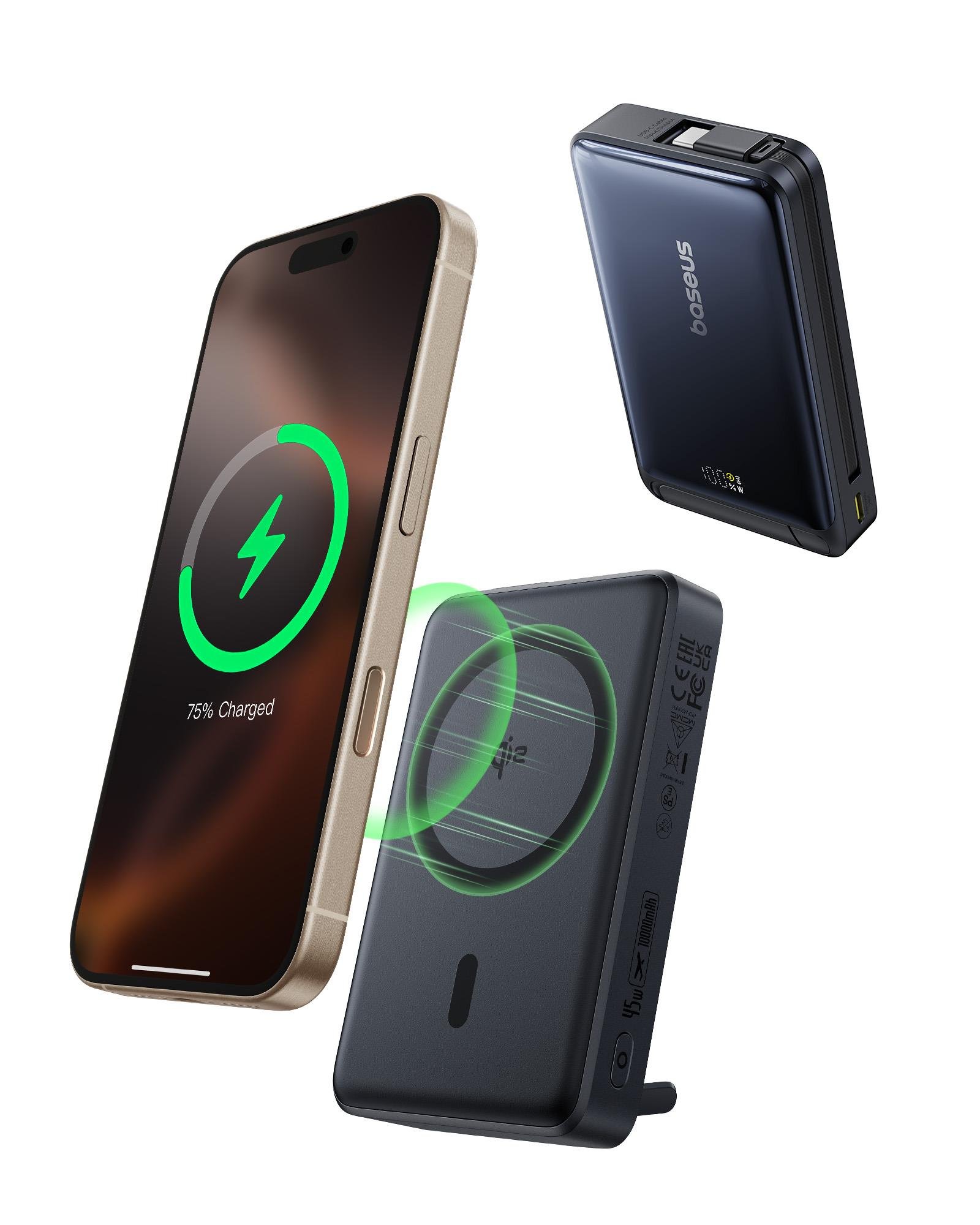 Baseus Nomos 3'ü 1 arada 10000mAh Power Bank - Qi2 15W Kablosuz Şarj, 45W Dahili Çift Yönlü Hızlı Şarj Kablolu, Siyah