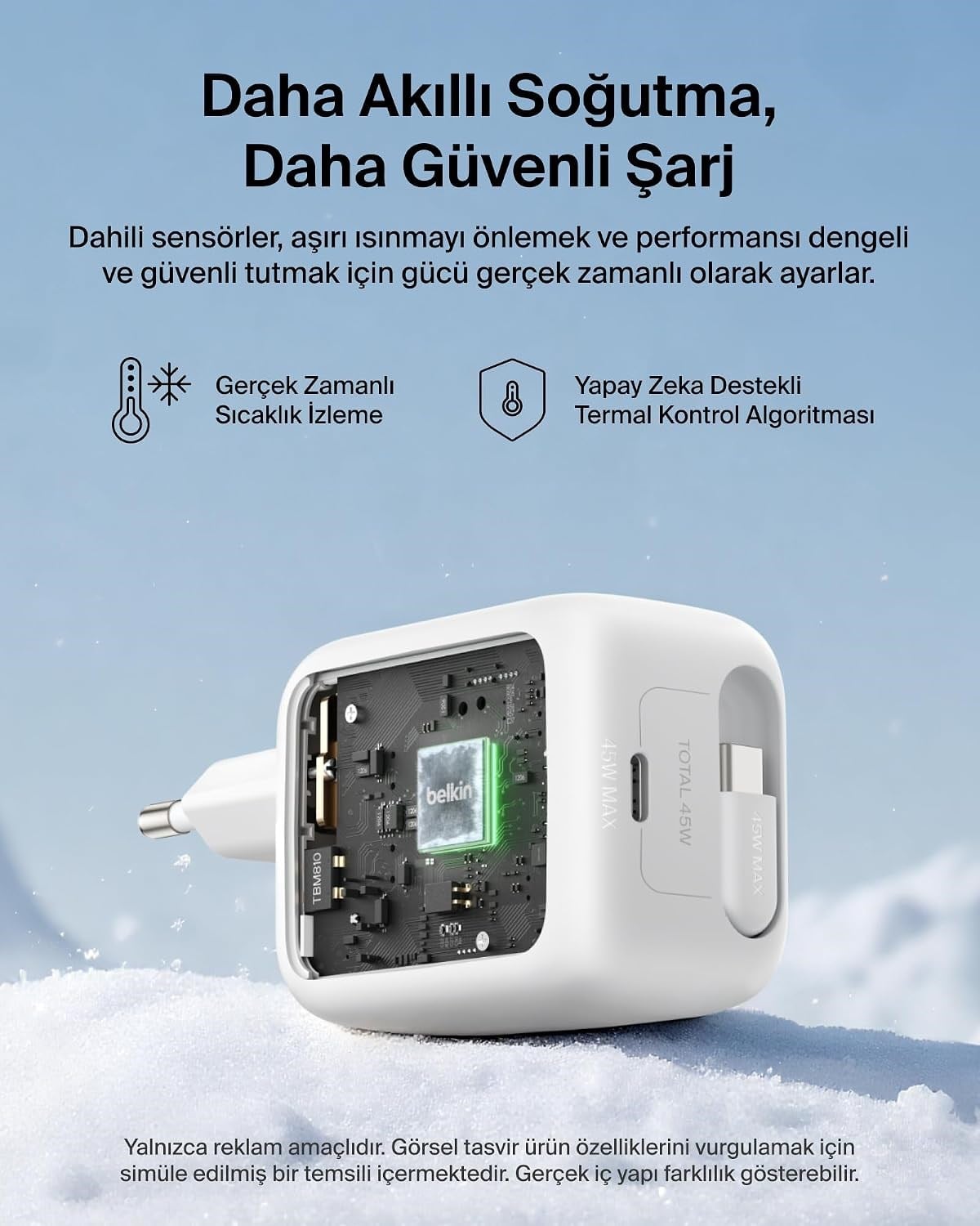 Belkin UltraCharge 45 W Şarj Aleti, 0,8 m Geri Çekilebilir USB-C Kablo