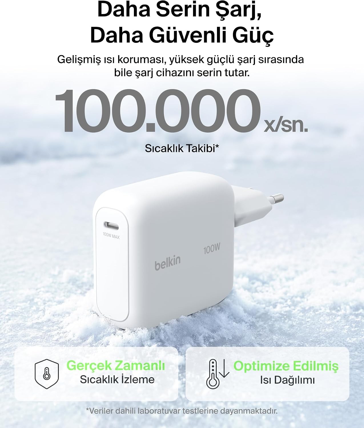 Belkin BoostCharge USB-C Fiş Tipi Şarj Cihazı 100 W, GaN Kompakt ve Katlanabilir, Beyaz