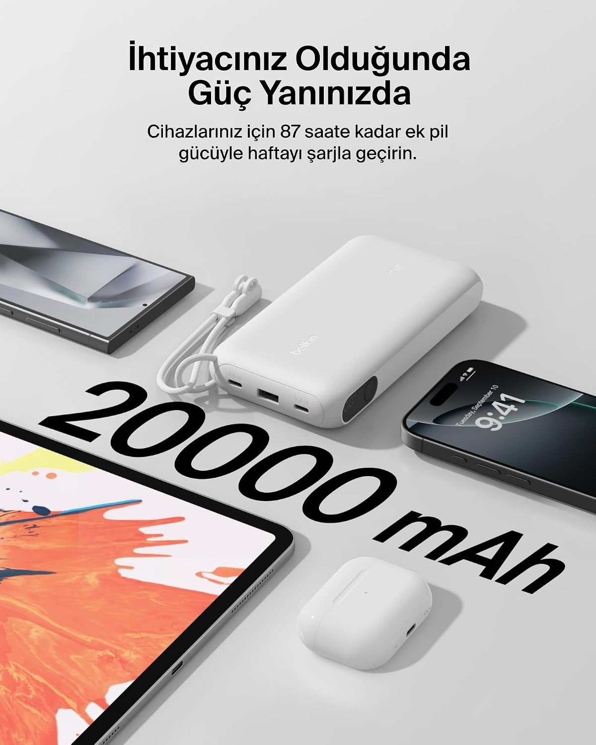 Belkin Boostcharge Power Bank 20000 Mah  Display, PD 20W  USB-C Kablolu, Beyaz