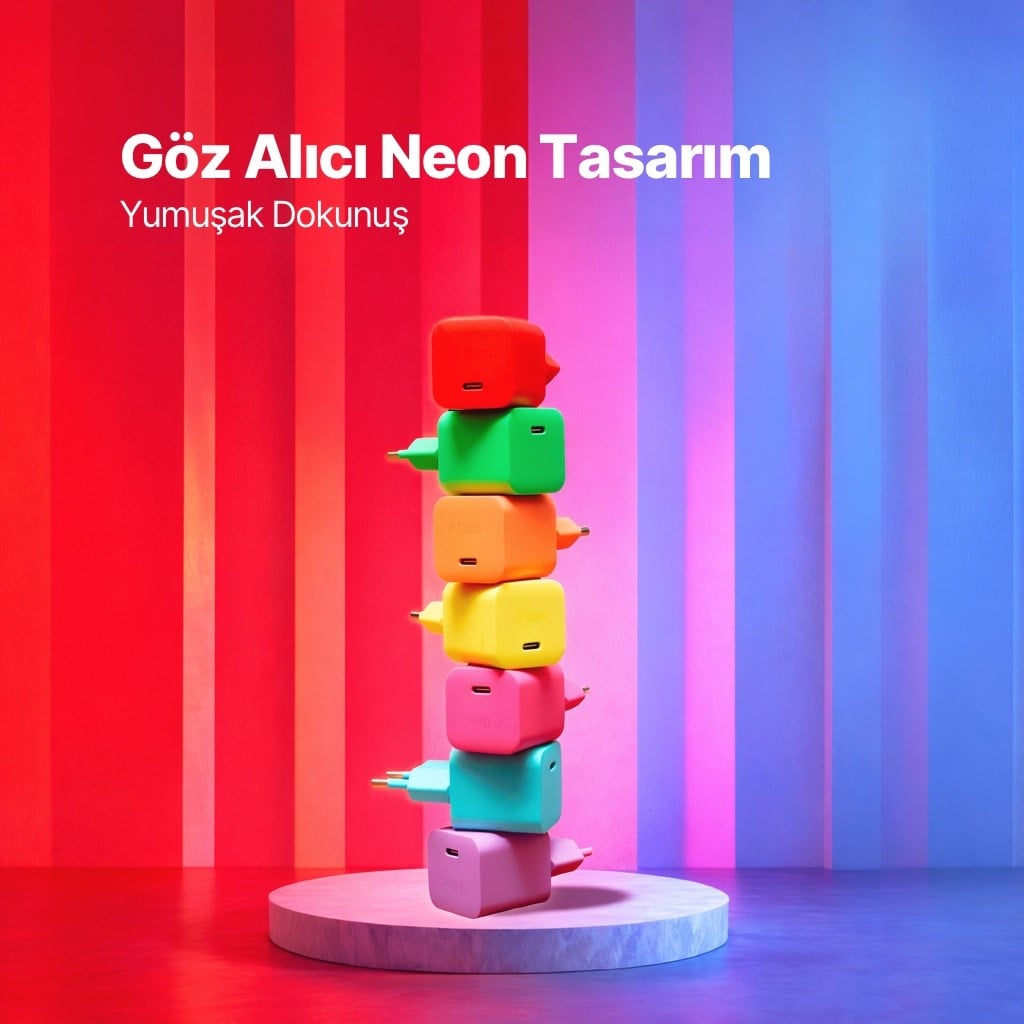 ttec SmartCharger GAN 45W AVS PD Seyahat Hızlı Şarj Aleti + USB-C - USB-C 3A Kablo Neon Neon Turuncu