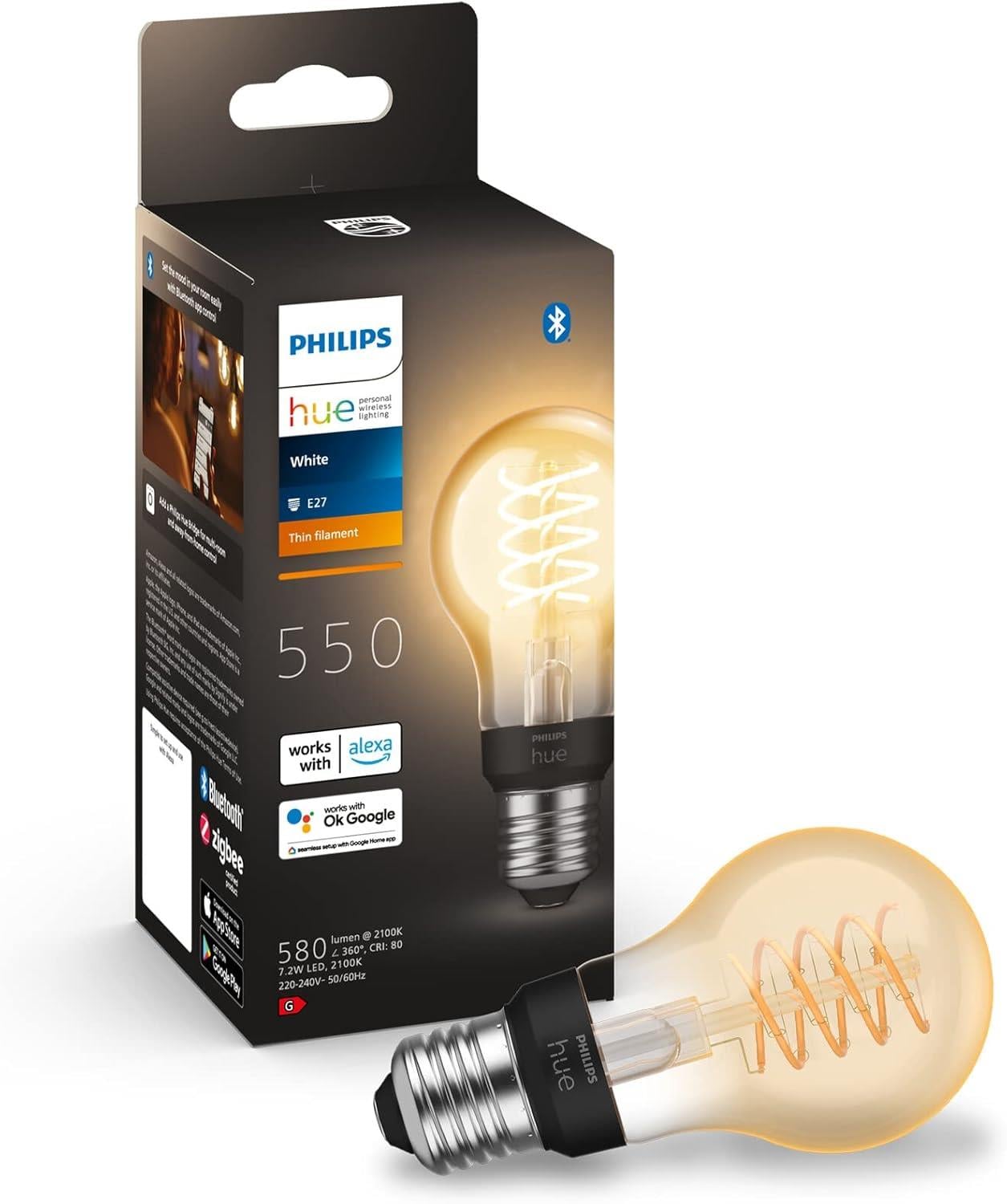Philips Hue White E27 Filament 7W A60 550 lm, Sıcak Beyaz Işık Akıllı Ampul