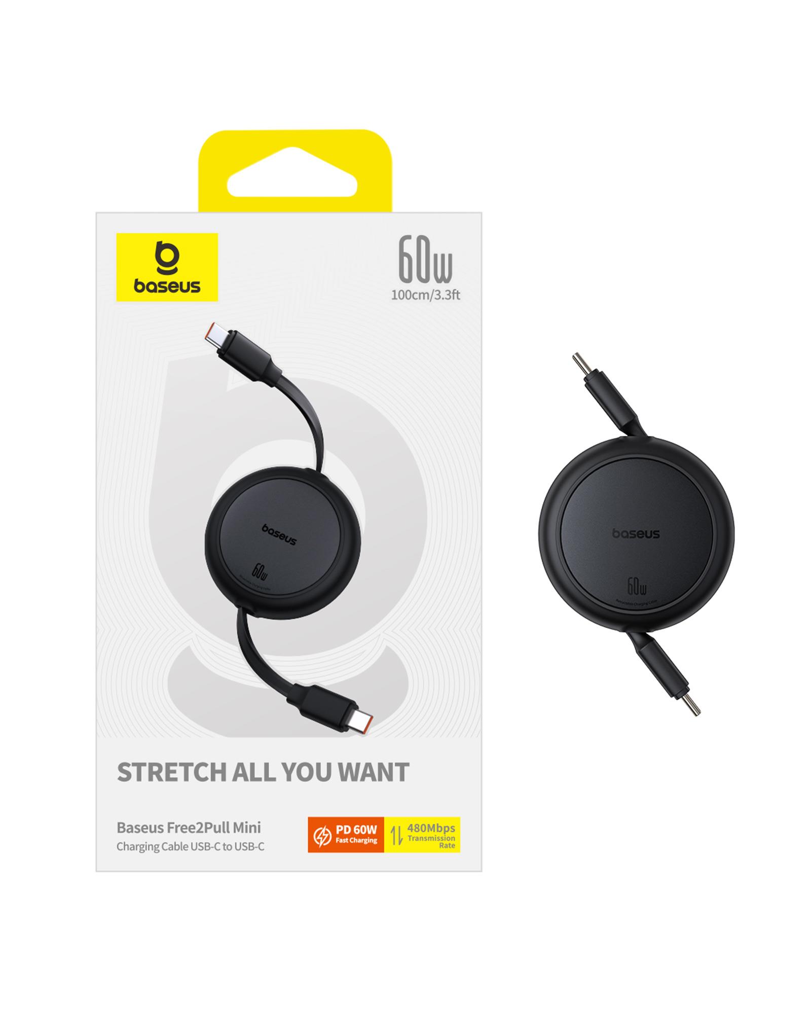Baseus Free2Pull Mini Makaralı USB-C 60W Hızlı Şarj ve Data Kablosu, Siyah